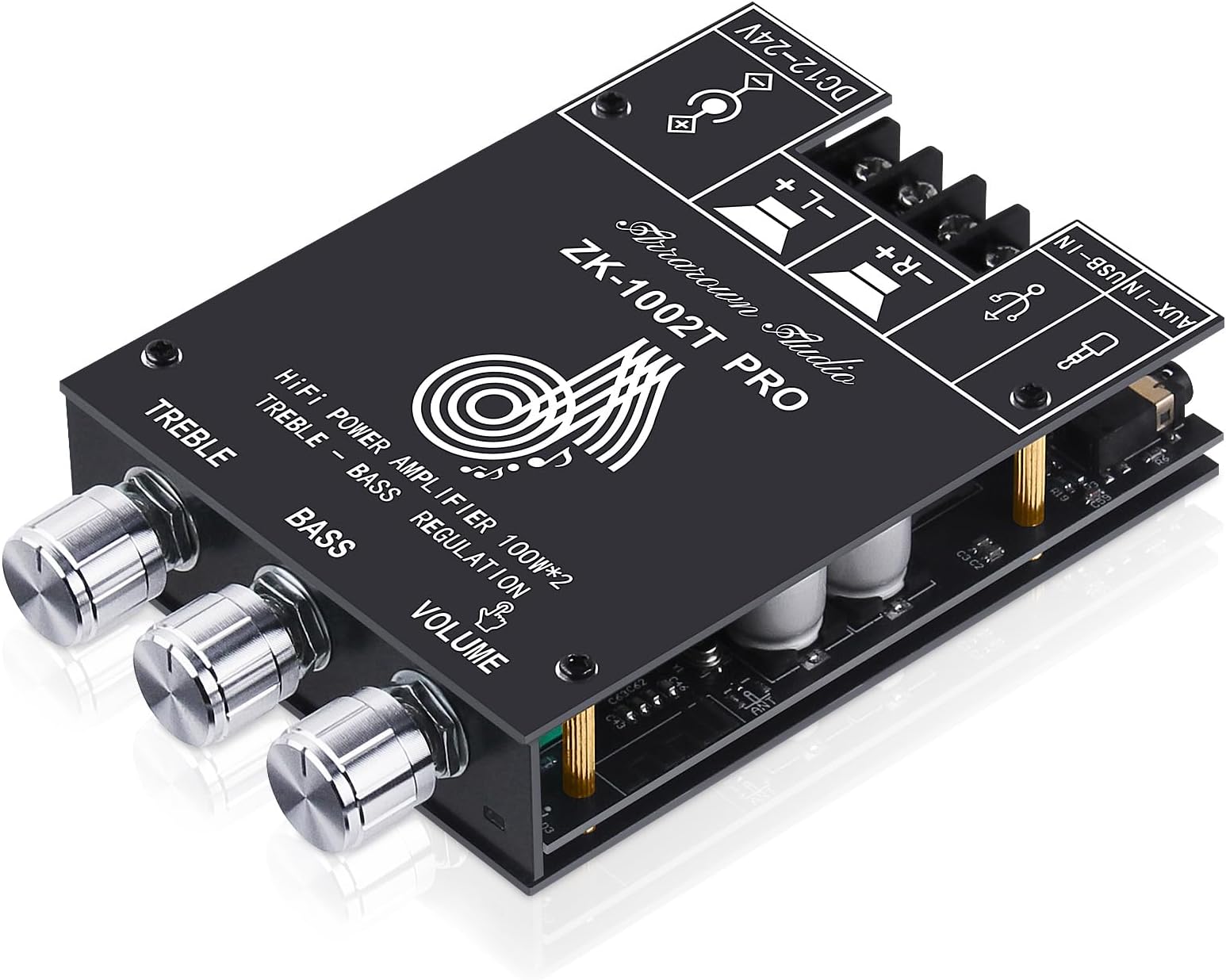 ZK-1002T RPO 2.0 Channel Bluetooth 5.0 Amplifier Board 200W HiFi Subwoofer Audio AMP with Treble and Bass, BT USB and AUX Inputs, DC 12-24V 2.0 Channel Stereo AMP Module for DIY Speakers