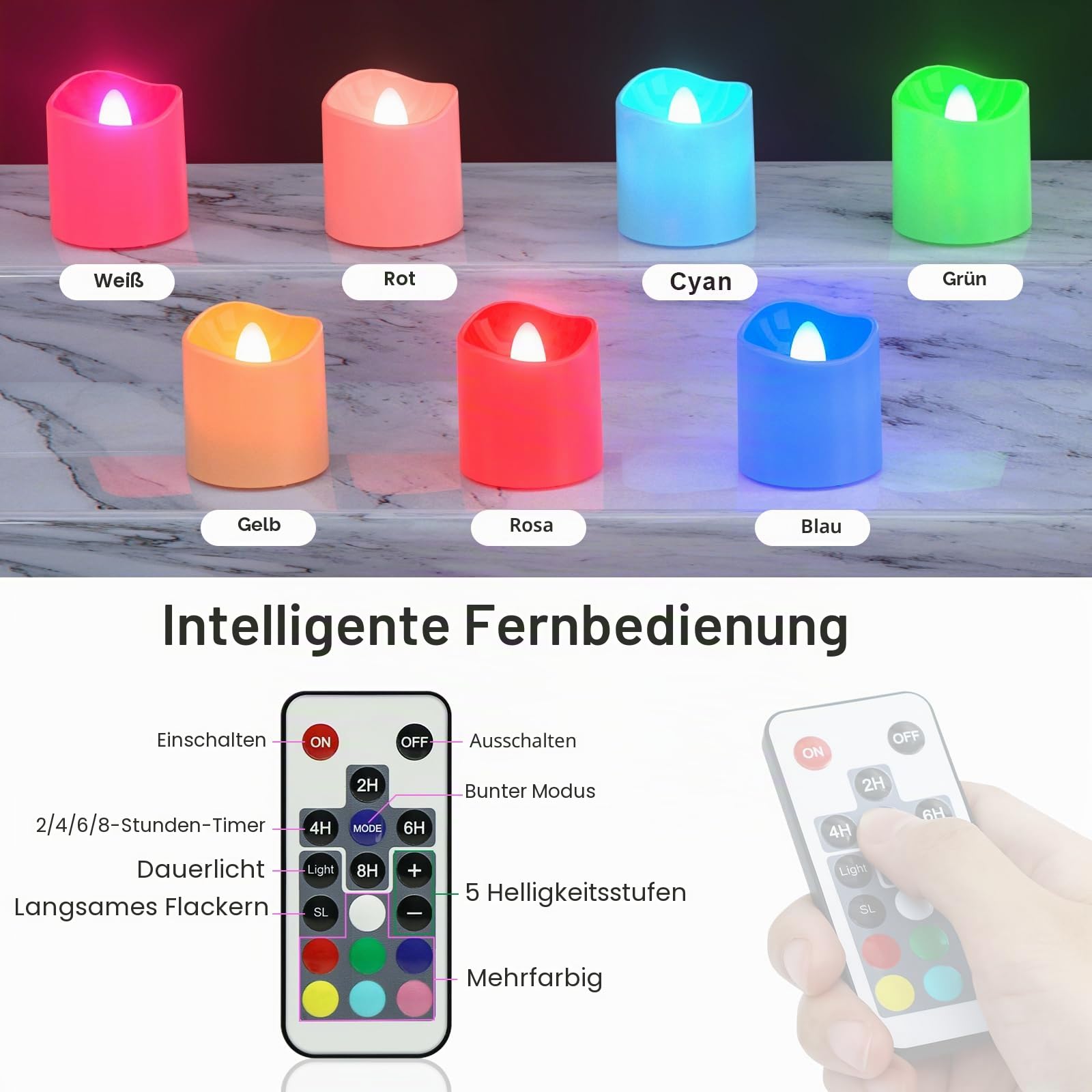 SoulBay LED Teelichter Bunt Aufladbar, 12 Stück Wiederaufladbar Flackernd Elektrische Kerzen mit Ladestation Fernbedienung Timer für Zimmer Wohnzimmer Halloween Weihnachten Deko, RGB