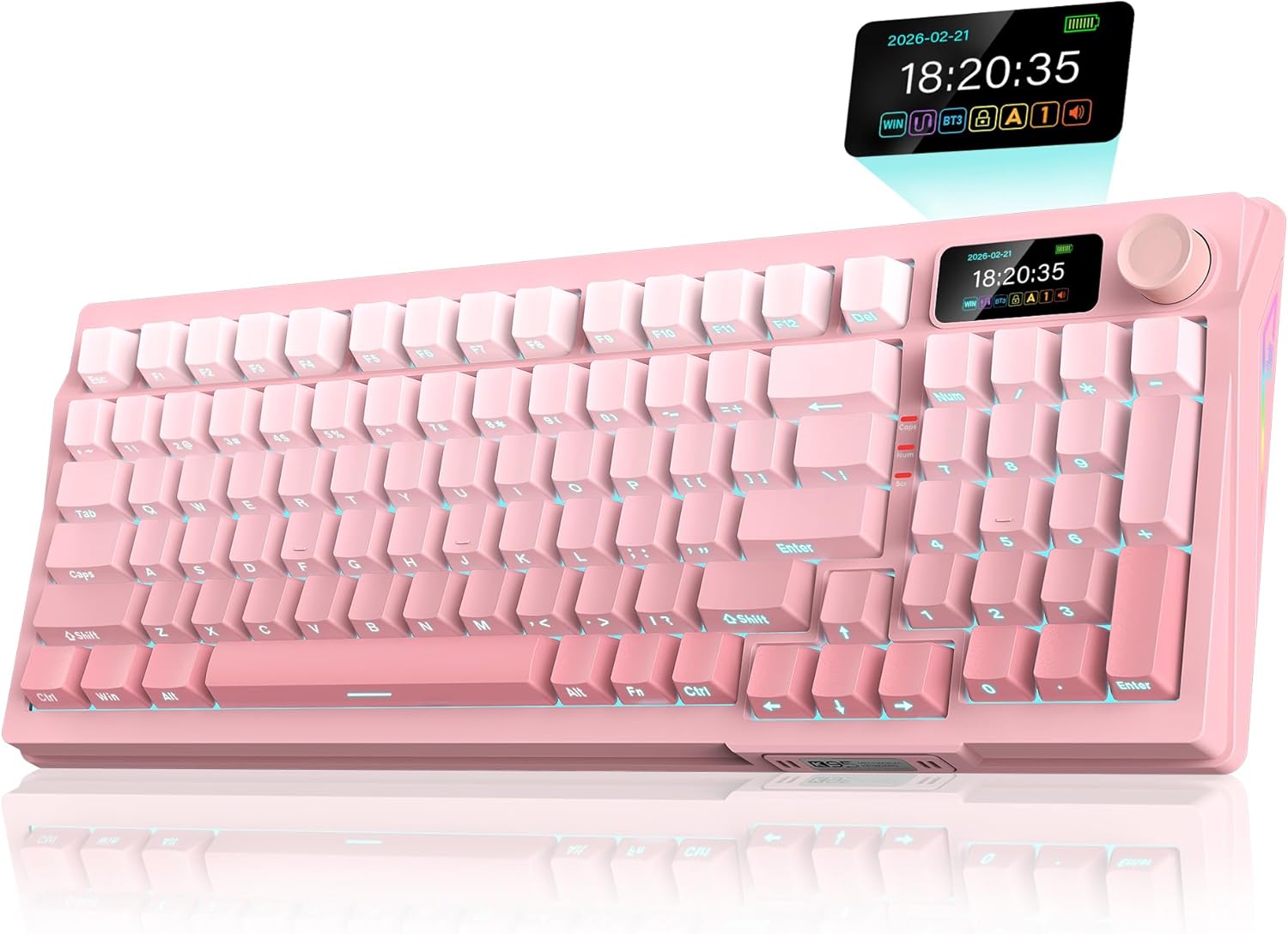 RedThunder K95 Wireless Mechanical Keyboard, TFT Screen & Knob, Triple-Mode, Custom Gasket Mount Hot-Swap, Pre-lubed Linear Pink Switches, RGB Backlit, Side-Printed PBT Keycaps, Gradient Sakura Pink