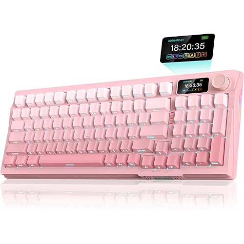 RedThunder K95 Wireless Mechanical Keyboard, TFT Screen & Knob, Triple-Mode, Custom Gasket Mount Hot-Swap, Pre-lubed Linear Pink Switches, RGB Backlit, Side-Printed PBT Keycaps, Gradient Sakura Pink