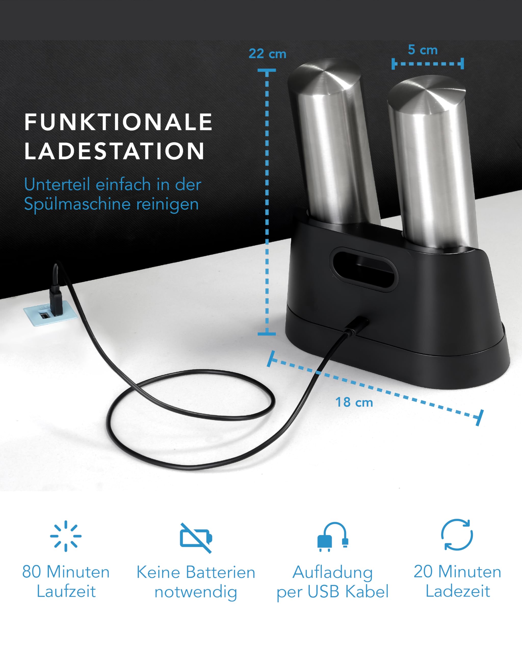 LEBENLANG Salz und Pfeffermühle Elektrisch - Wiederaufladbar & Viel Zubehör I Batterie Set I Pfefferstreuer Pfeffer und Salzmühle für grobes Salt