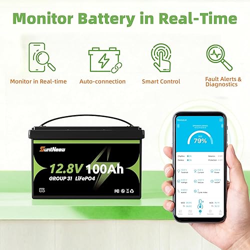 Miniatura 2 de Batería LiFePO4 de 12.8 V 100 Ah para RV, motor de arrastre, batería de litio ligera de almacenamiento solar con más de 4000 ciclos, BMS integrado,