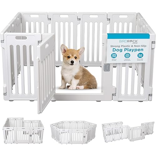 BIRDROCK HOME Pet Playpen with Door | 12 Panel | Strong Plastic | Puppy Safety Fence Pen Playpen | Non-Slip and Secure Dog Gate | White