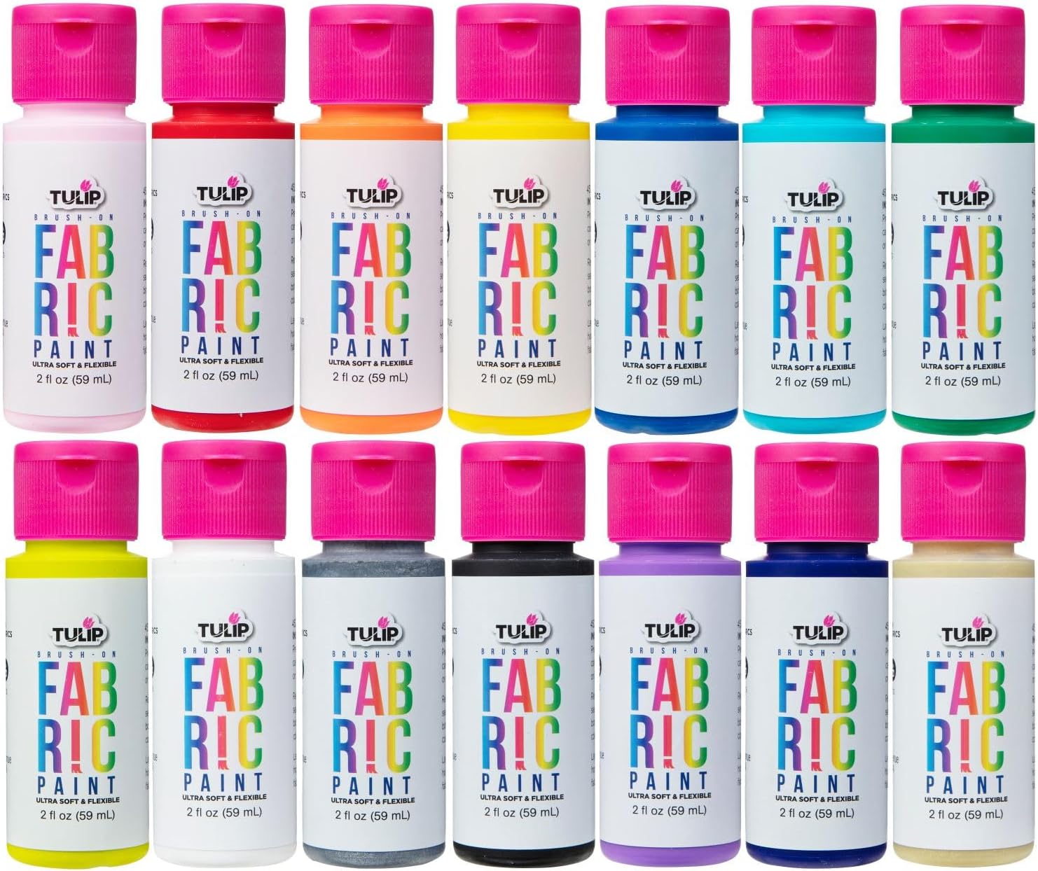Tulip Brush-on Fabric Paints, 14 Colors 2 fl oz each, Permanent, Flexible, Rainbow