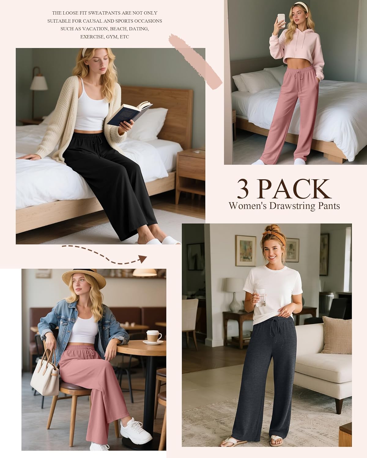 Neer 3 Pack Women's Drawstring Pants Casual Wide Leg Lounge Yoga Sweatpants Loose Comfy Palazzo with Pockets - Image 3