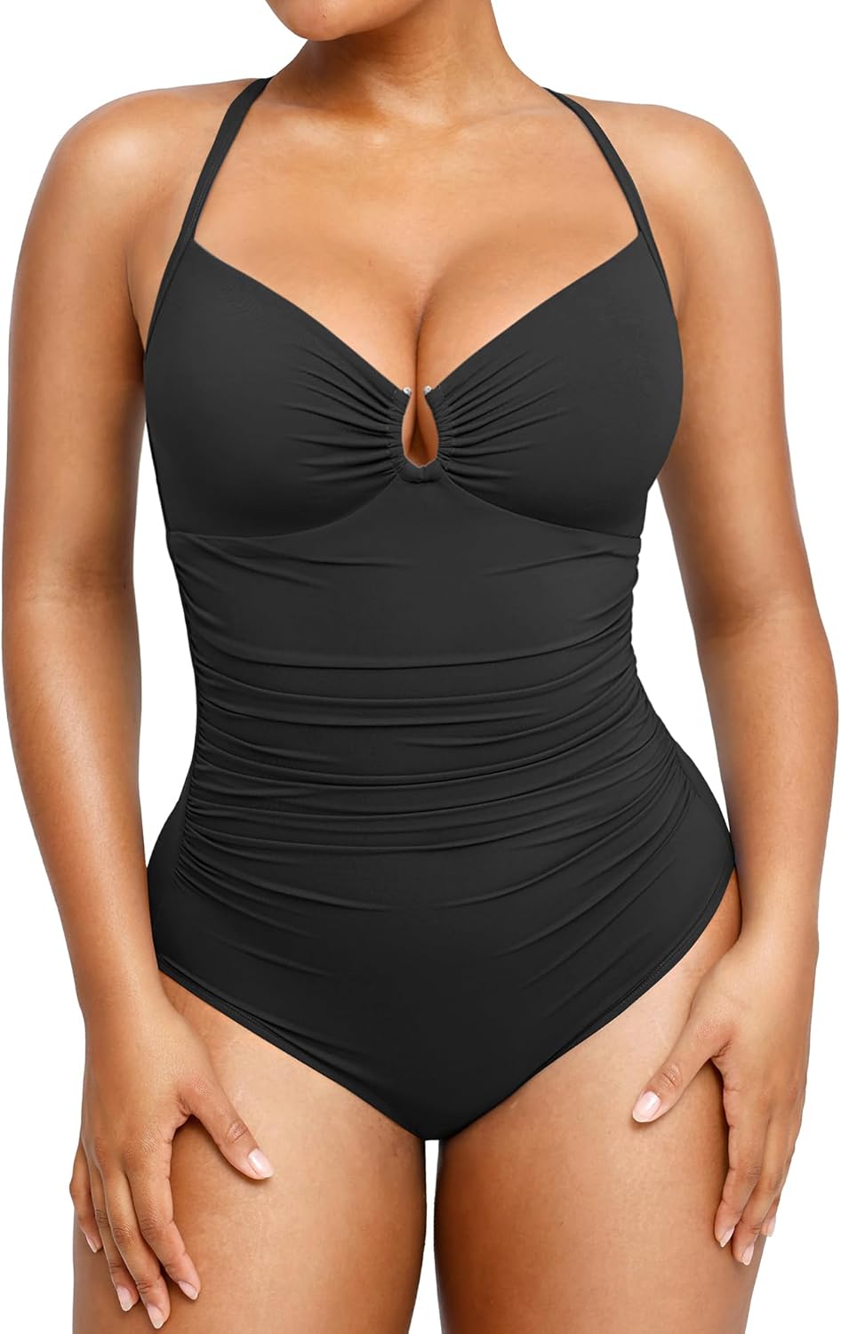 SHAPELLX Womens Swimsuits Tummy Control Bathing Suit Slimming One Piece U-Ring Shapewear Swimwear with Ruched Waist