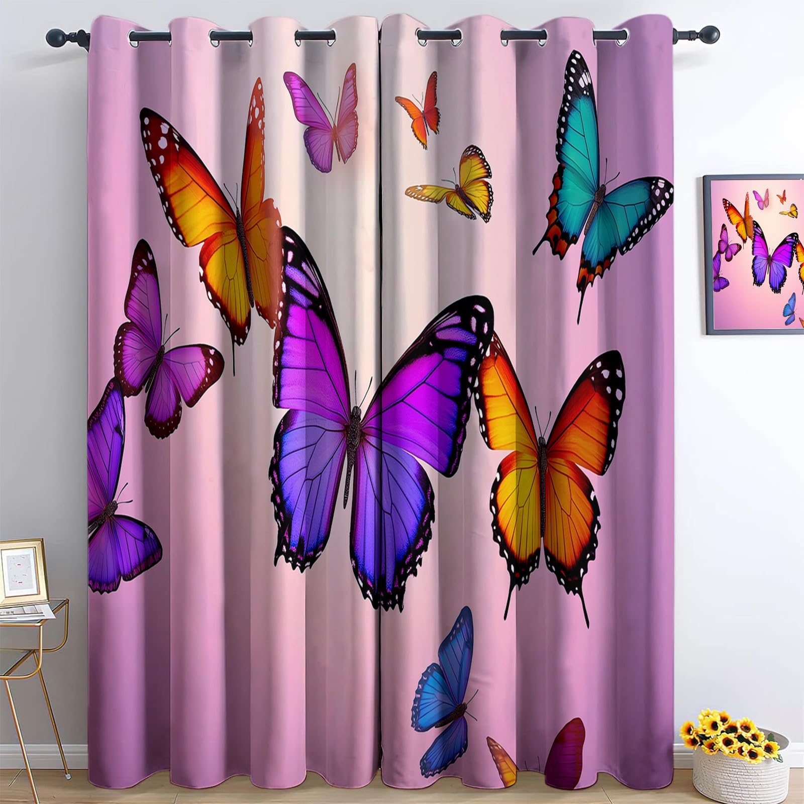 Rideaux occultants thermiques papillon orange et violet 140x245 cm pour isolation fenêtre