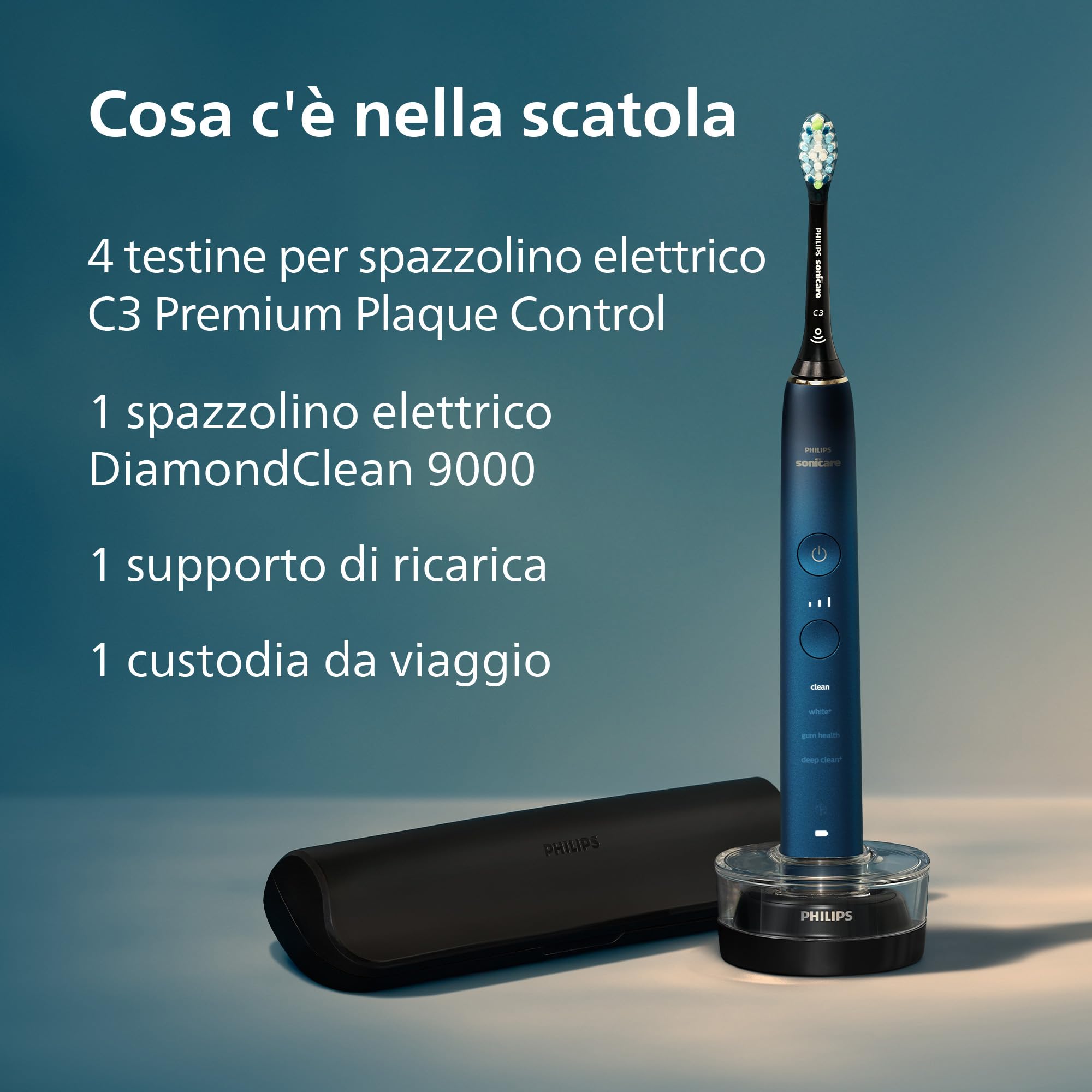 Philips Sonicare Spazzolino elettrico DiamondClean serie 9000 edizione speciale: per pulizia dei denti e igiene orale, blu scuro, 4 testine Premium Plaque C3 (modello HX9911/89)