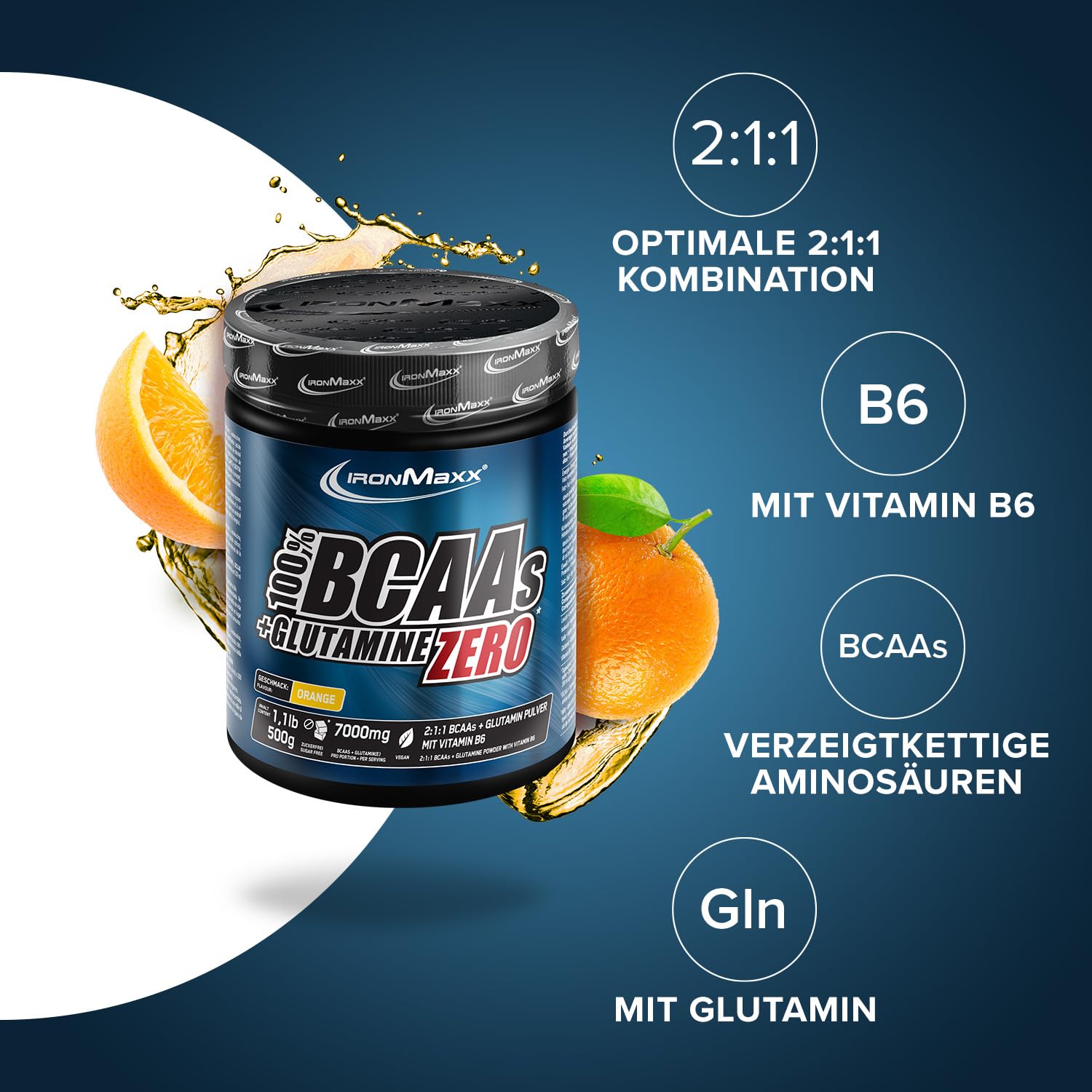 IronMaxx 100% BCAAs + Glutamine Zero - Orange 500g | veganes & zuckerfreies Aminosäuren Pulver mit Vitamin B6 | 6000 mg BCAA´s und 1000 mg Glutamin pro Portion