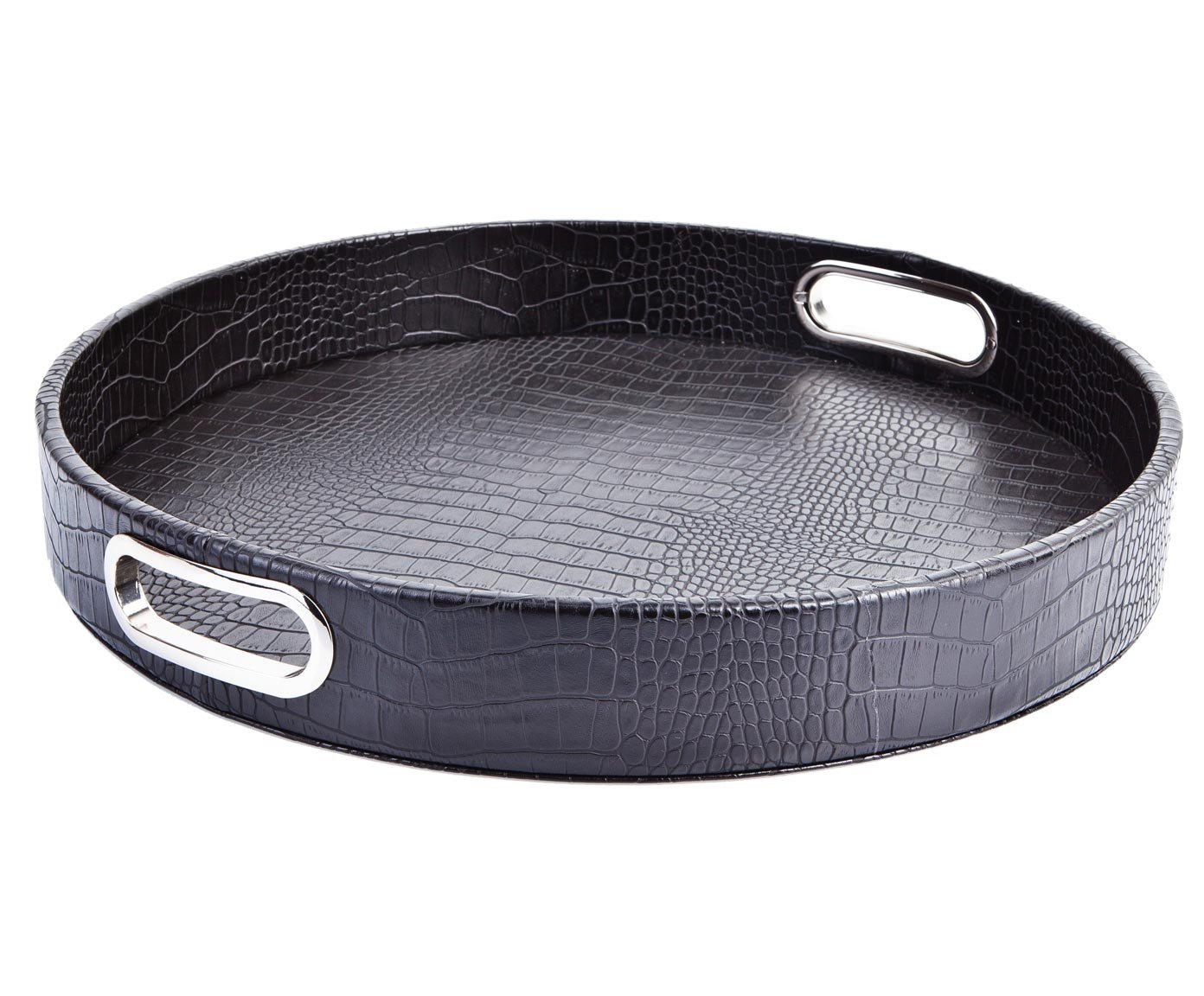 AP-101-A03-E - Bandeja (Redonda, Superficie de Cuero con impresión de Piel de cocodrilo, Asas de Acero Inoxidable, se Puede Limpiar con Agua, 42 x 42 x 6 cm), Color Negro