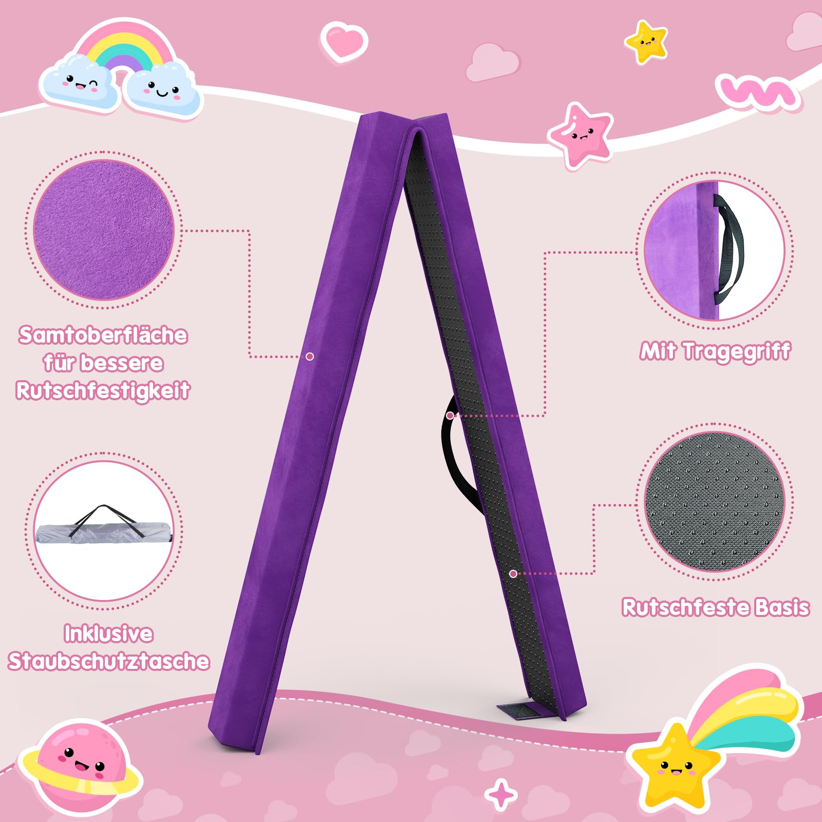 Dripex Barra de equilibrio para niños, plegable, para casa, 210/240 cm, EVA, barra de equilibrio, con bolsa de transporte, rígida, antideslizante, para niños, principiantes, gimnasia, fitness