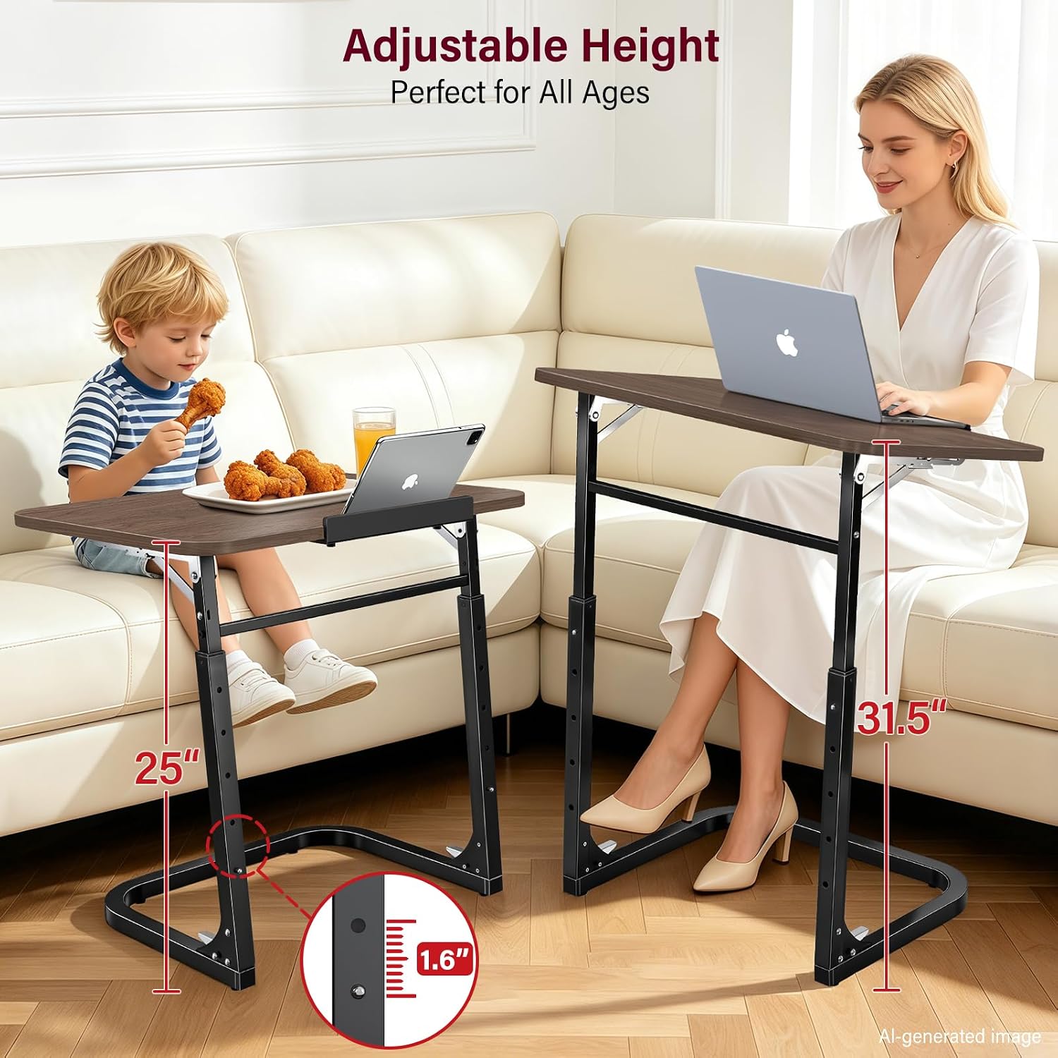 Extra Large TV Dinner Tray Table & End Table, Height & Angle Adjust Laptop Desk, Easy to Install, Foldable &Easy to Store, with Phone & Tablet Stand, for Couch, Bed, Side, Walnut Wood Desktop