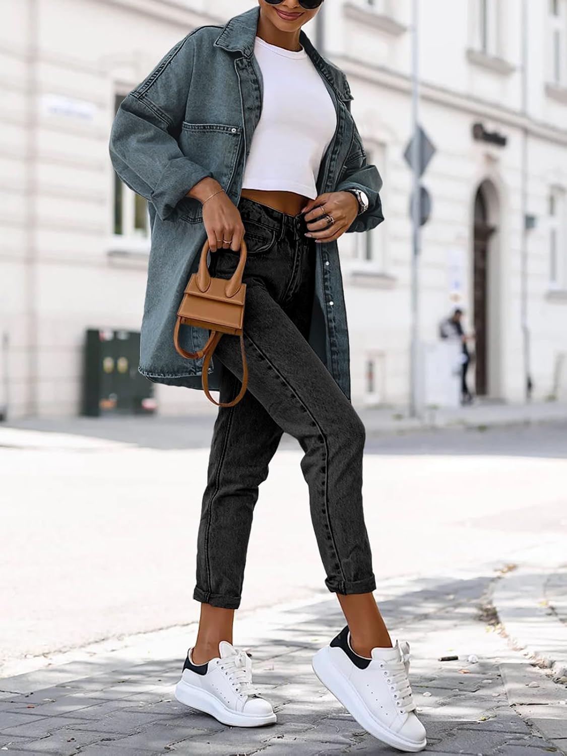 Saodimallsu Women's Oversized Denim Jackets Casual Button Down Long Boyfriend Jean Coats with Pockets - Image 3