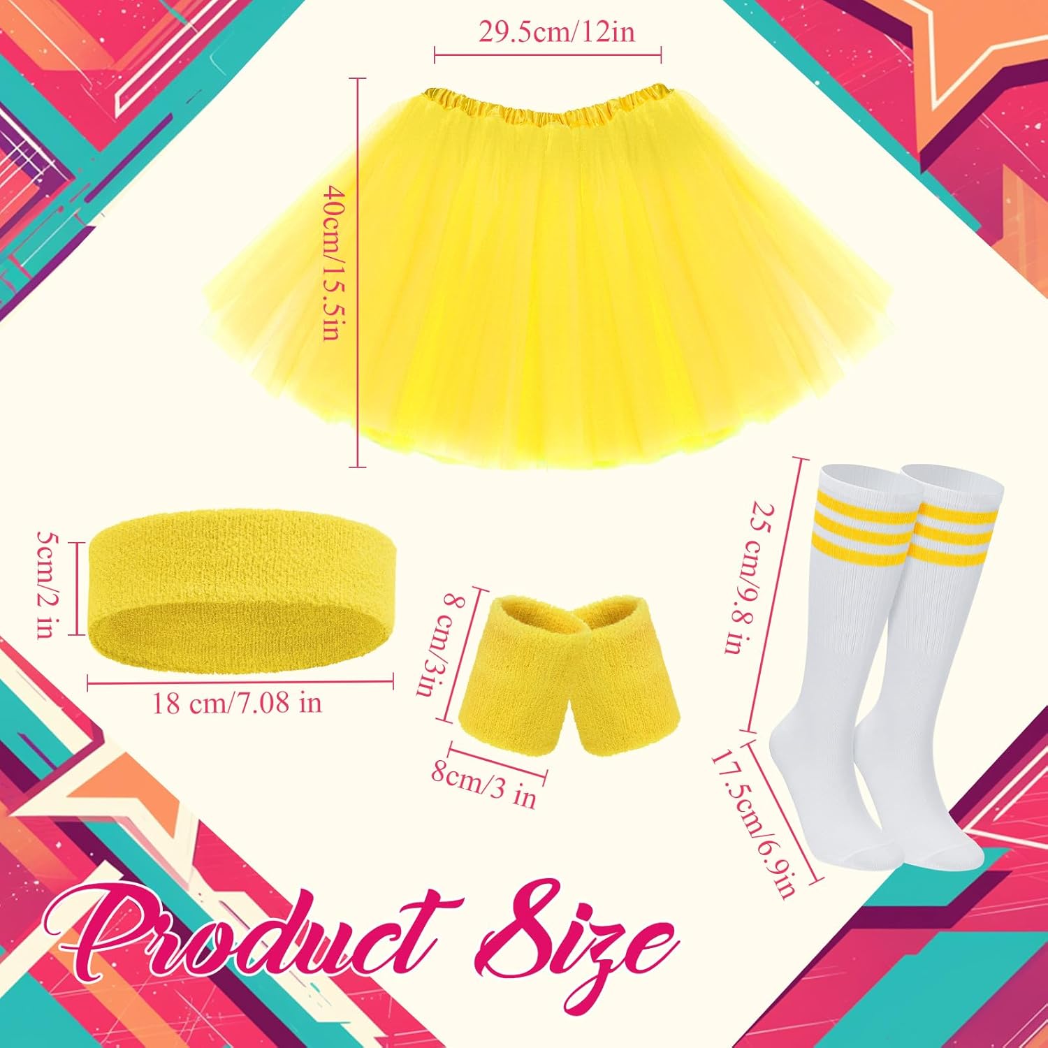 3pcs Tutu Skirts Set for Women Costume Neon Tutu Bottoms with Sweatbands Striped Tube Socks for 80s Costumes