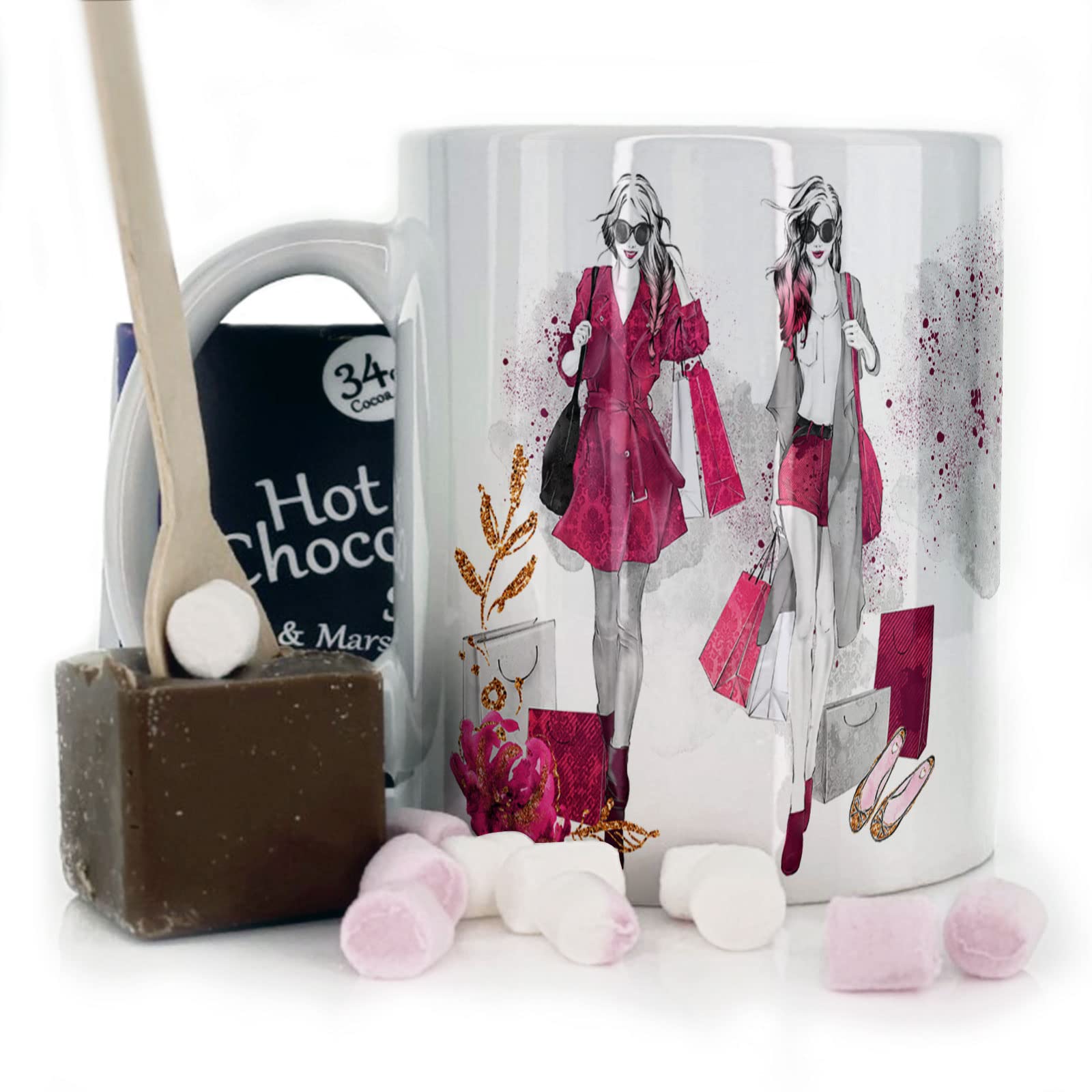 Personalised Mug and Belgian Milk Chocolate/Hot Chocolate Stirrer Marshmallow Gift Set, Custom Name, (11oz) Thank you, Love You, Happy Birthday Mug with Large Pink Flower Bags Fashion Shopper Design