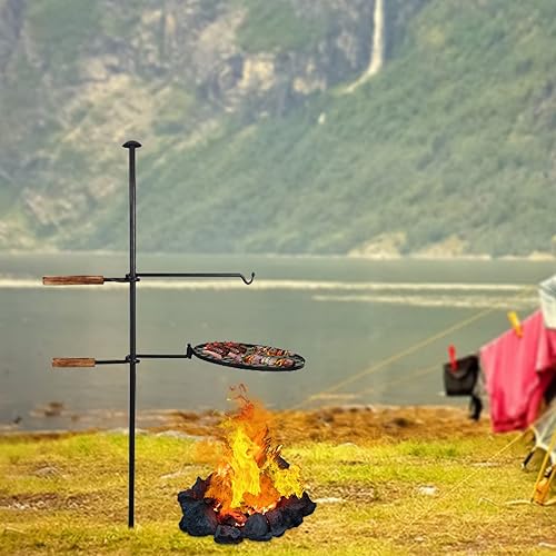 Miniatura 4 de Parrilla giratoria ajustable 2 en 1 para fogata negra, parrilla de barbacoa de carbón resistente sobre fuego, parrilla de campamento de carbón para