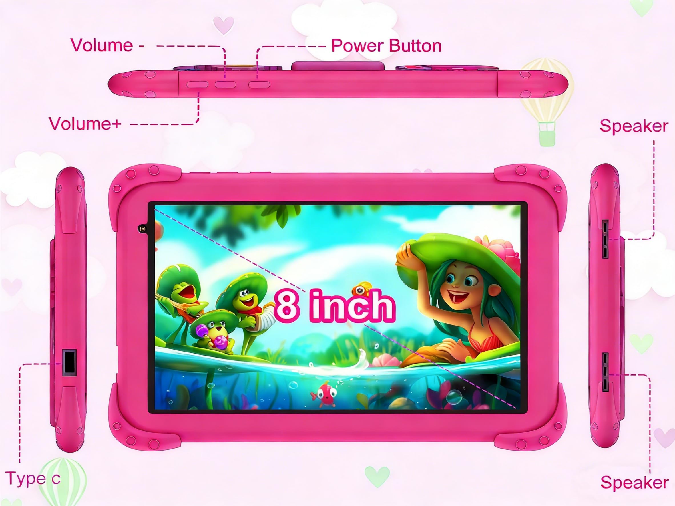 Kinder Tablet 8 Zoll mit WiFi Bluetooth 128 GB ROM 6 GB RAM Touchscreen Android 11 für Kinder 2 bis 10 Jahre,Kindersicherung,6000 mAh Es Wird mit Lern-Tablet mit Hülle,Rosarot