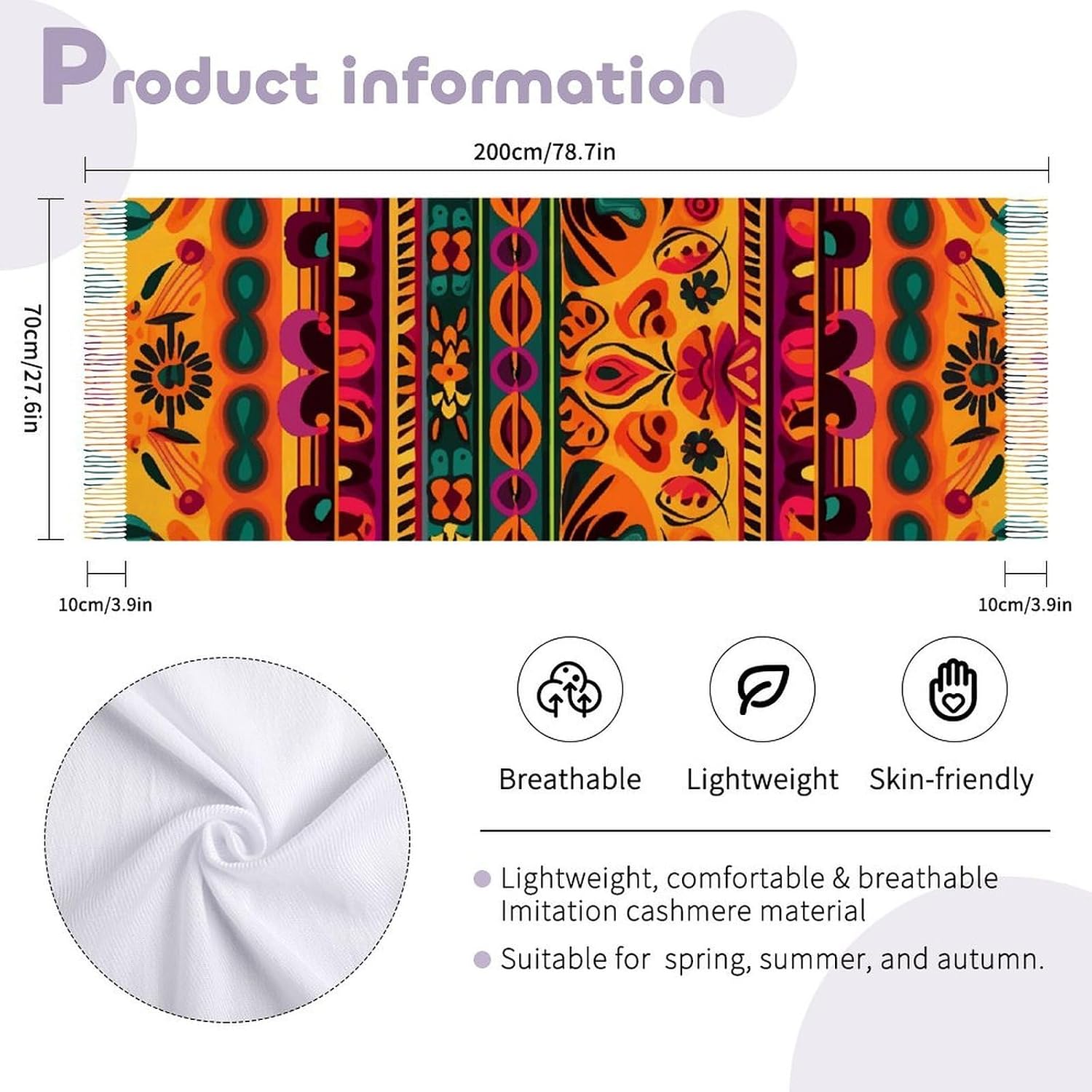 Mexican Folk Art Boho Scarf for Women Men Soft Warm Fashion Blanket Scarves Classic Cashmere Feel Scarf Long Shawl Large Scarves Cold Weather Thick Blanket Scarfs