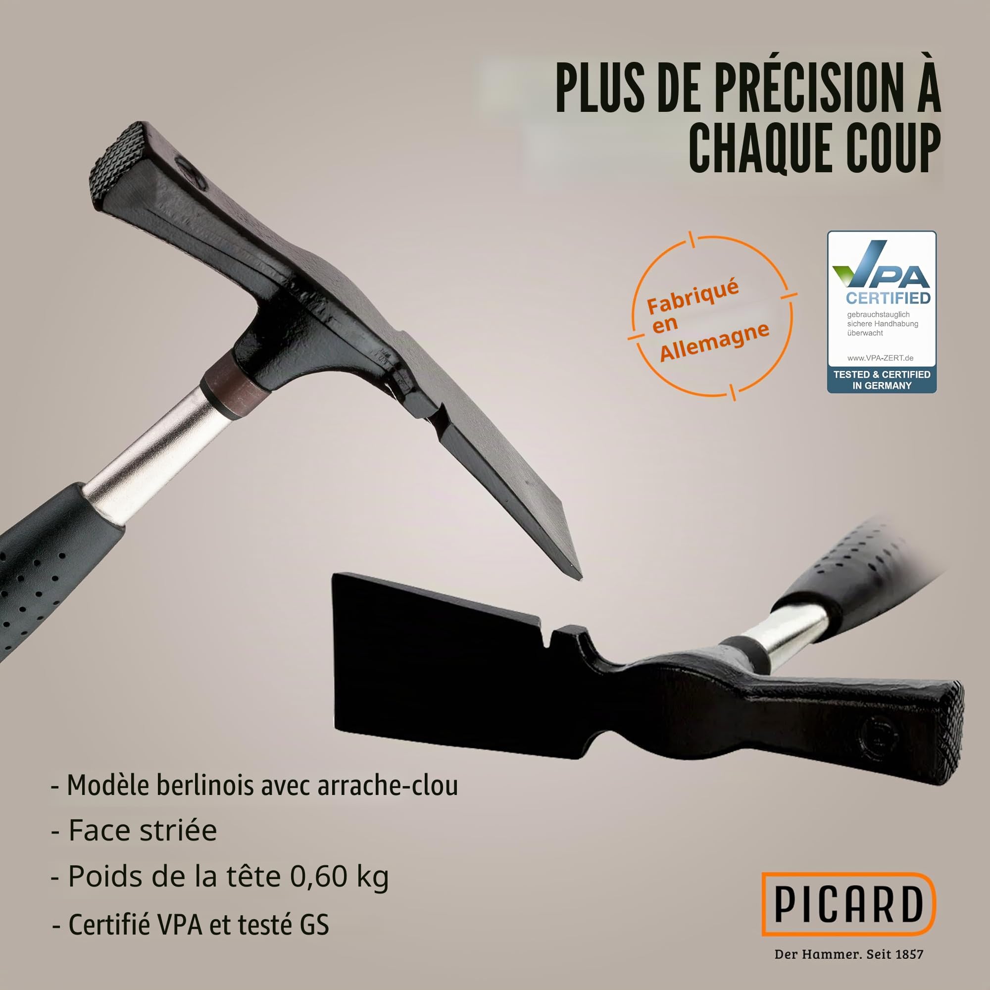 Picard 0027700 Marteau de maçon modèle Berlin 600 g, Noir/Argent