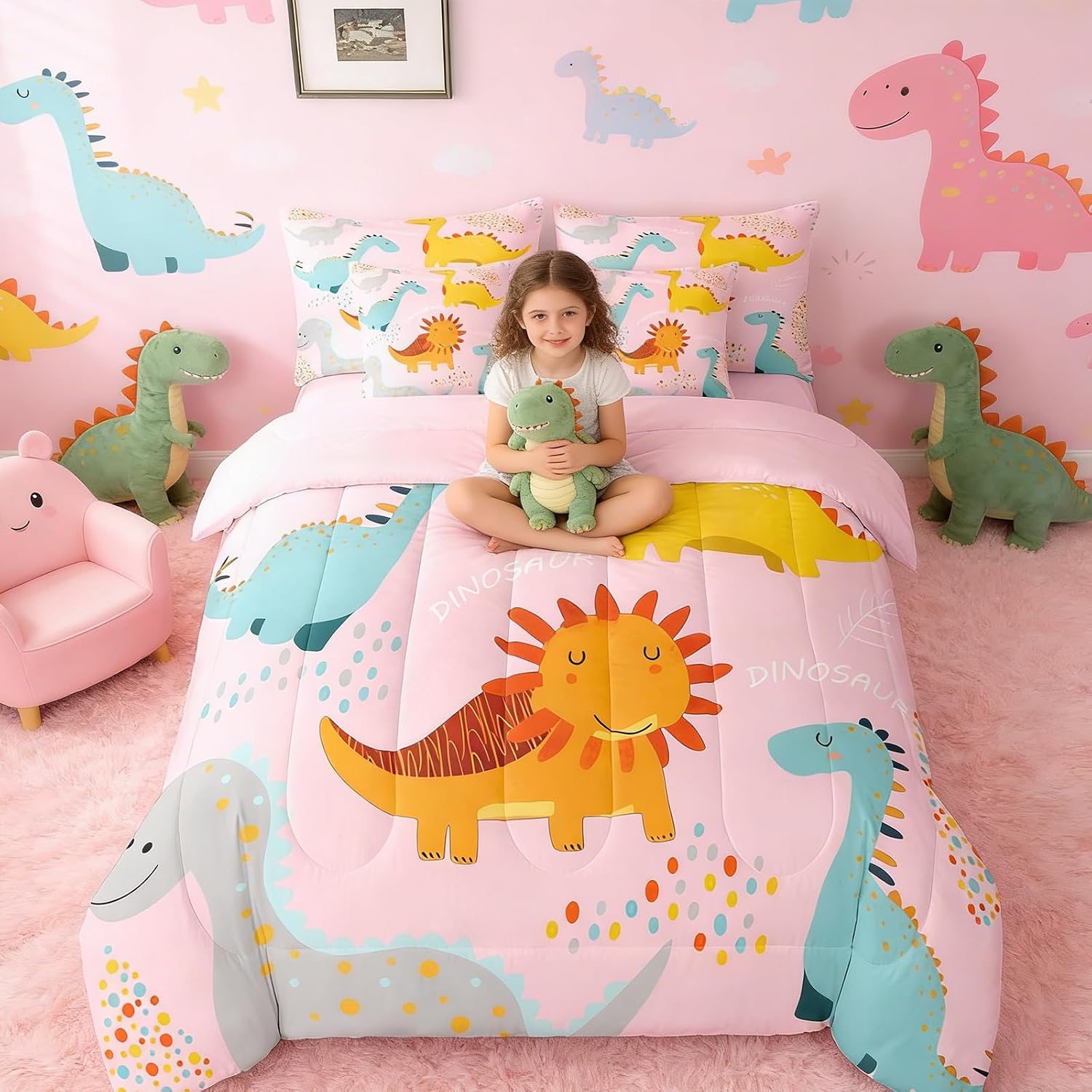Feelyou Cute Pink Dinosaur Comforter Set with Sheets 7 Piece Twin Size Cartoon Dinosaur Bedding Set for Kids Boys Girls Jungle Animal Dino Bed in a Bag Room Decor Soft Lightweight Microfiber