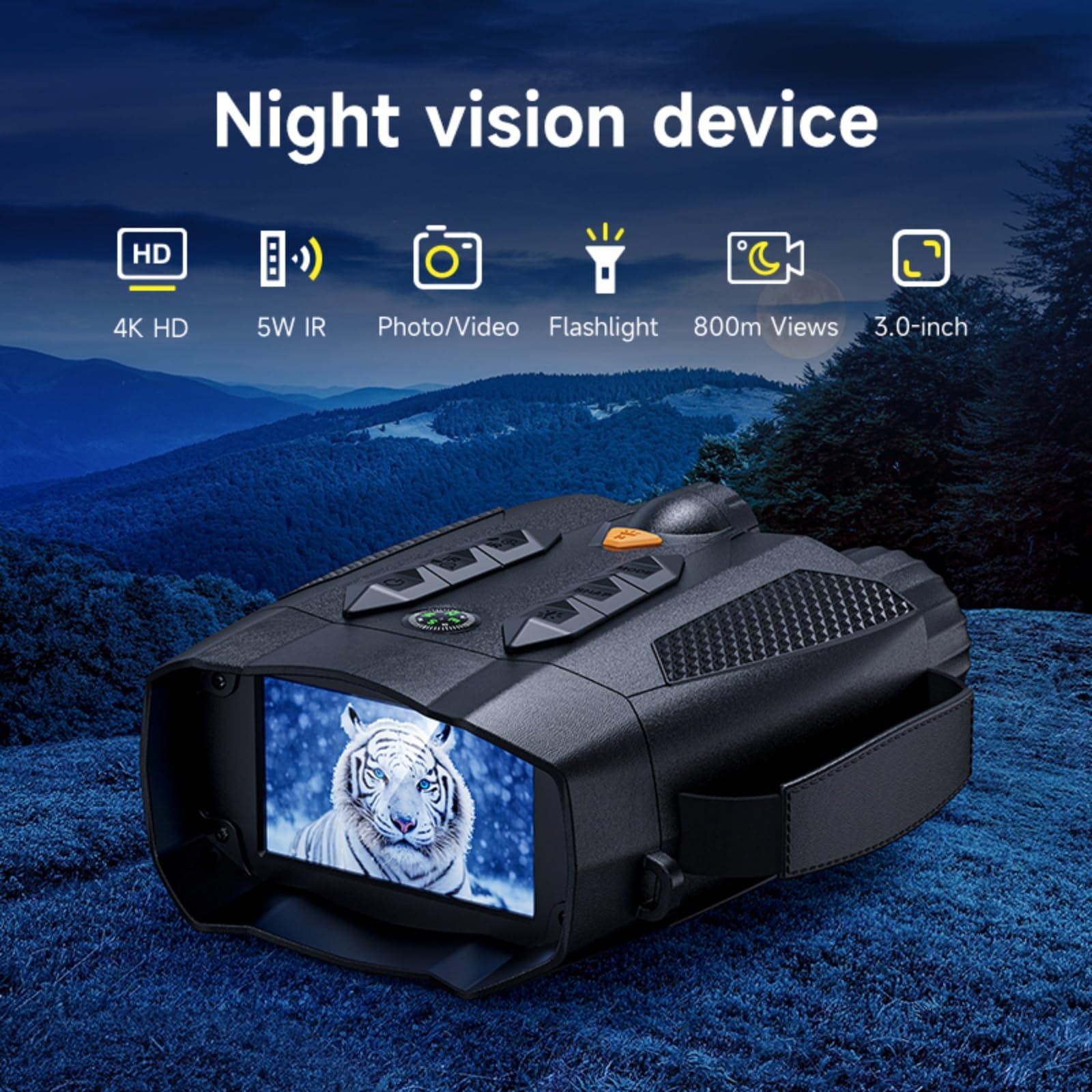 EMEBAY - Prismáticos de visión nocturna 4K, brújula integrada, luz táctica, alcance visual 800M, pantalla de 3,0 pulgadas, zoom digital 10X, batería de 5000 mAh, gafas de visión nocturna infrarroja