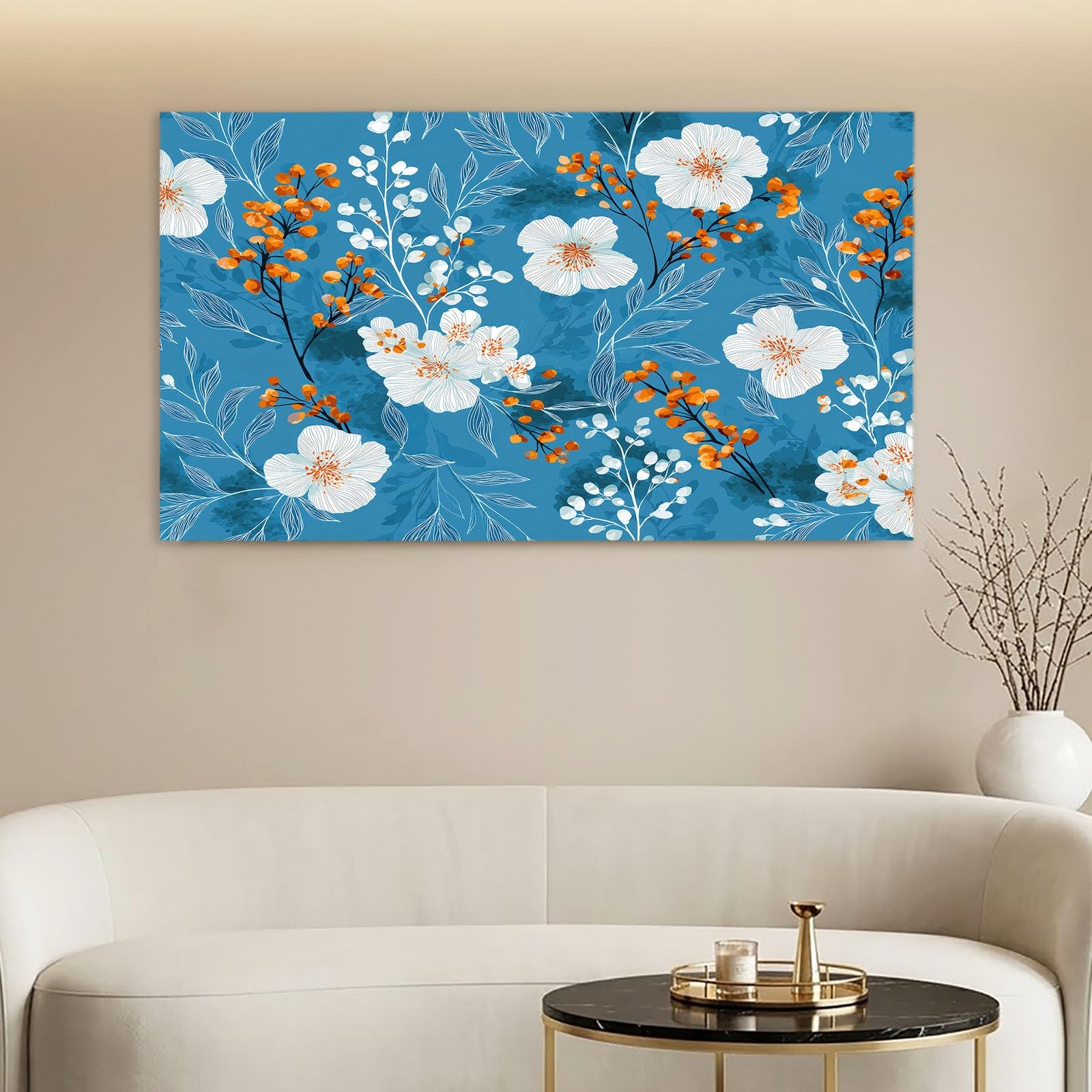 Obrazy na płótnie w stylu vintage, obrazy ścienne do salonu, 100 x 70 cm, druk artystyczny, obrazy na płótnie, niebieskie kwiaty, liście, jagody, dekoracja ścienna do korytarza, sypialni, jadalni i