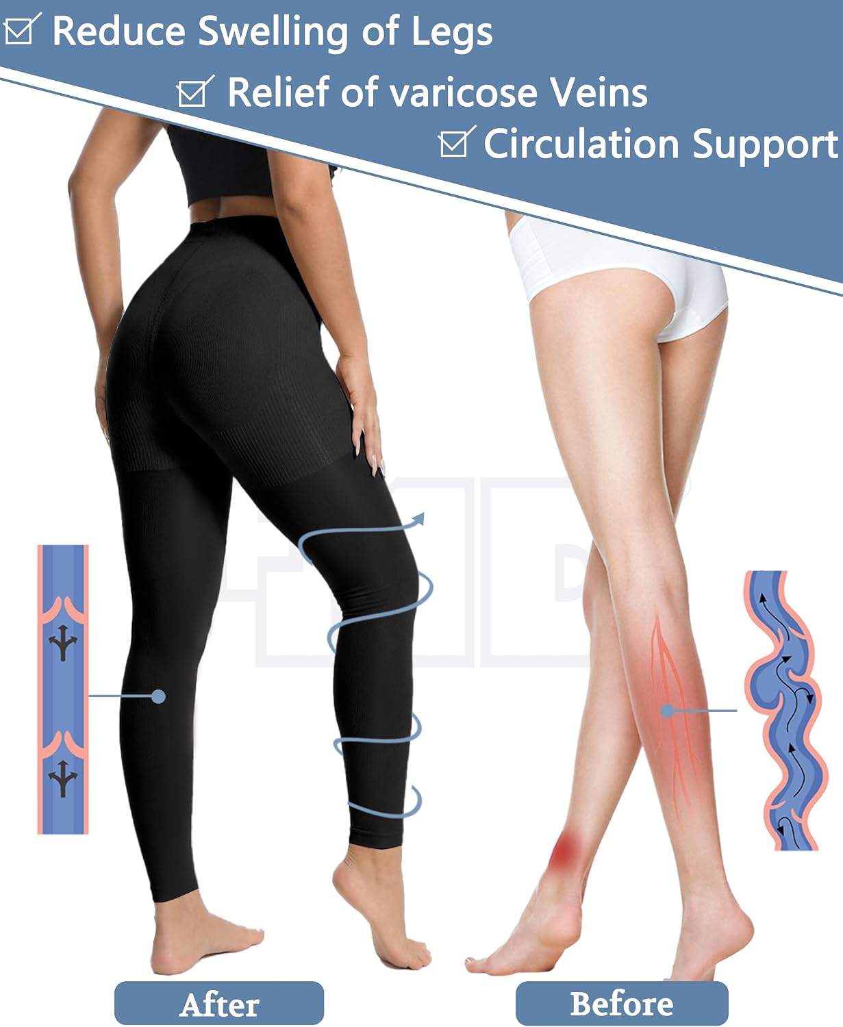 +MD 140D Light Compression Pantyhose for Women, 15-20mmHg Graduated Compression Tights, Footless Leggings for Leg Support