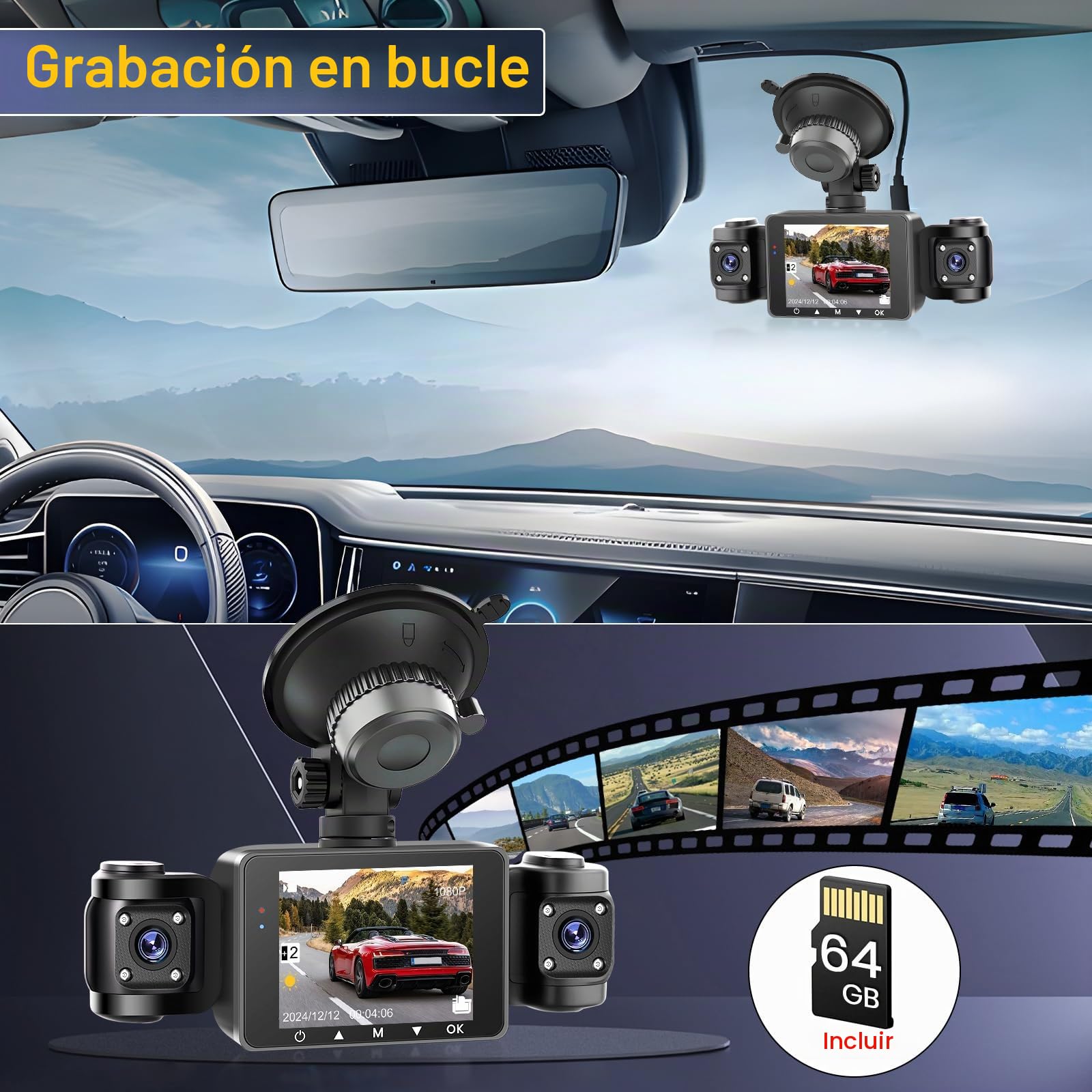 Hikity 2.4" 1080P WiFi Dashcam 4 Dashcam con DVR G-Sensor Tarjeta TF 64G | Pantalla IPS Dashcam con Coche Ángulo 360° Modo Aparcamiento 24H Grabación Continua Cámara de Coche Visión Nocturna