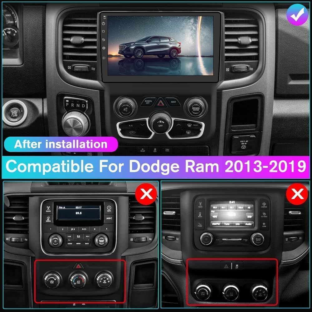 Surakey 2+64GB Android13 Radio Car Stereo Compatible for Dodge Ram 2013-2019, 9'' Touch Screen with Carplay Wireless Android Auto Head Unit Double Din GPS Navi Sat Nav WiFi Bluetooth FM RDS w/Cam