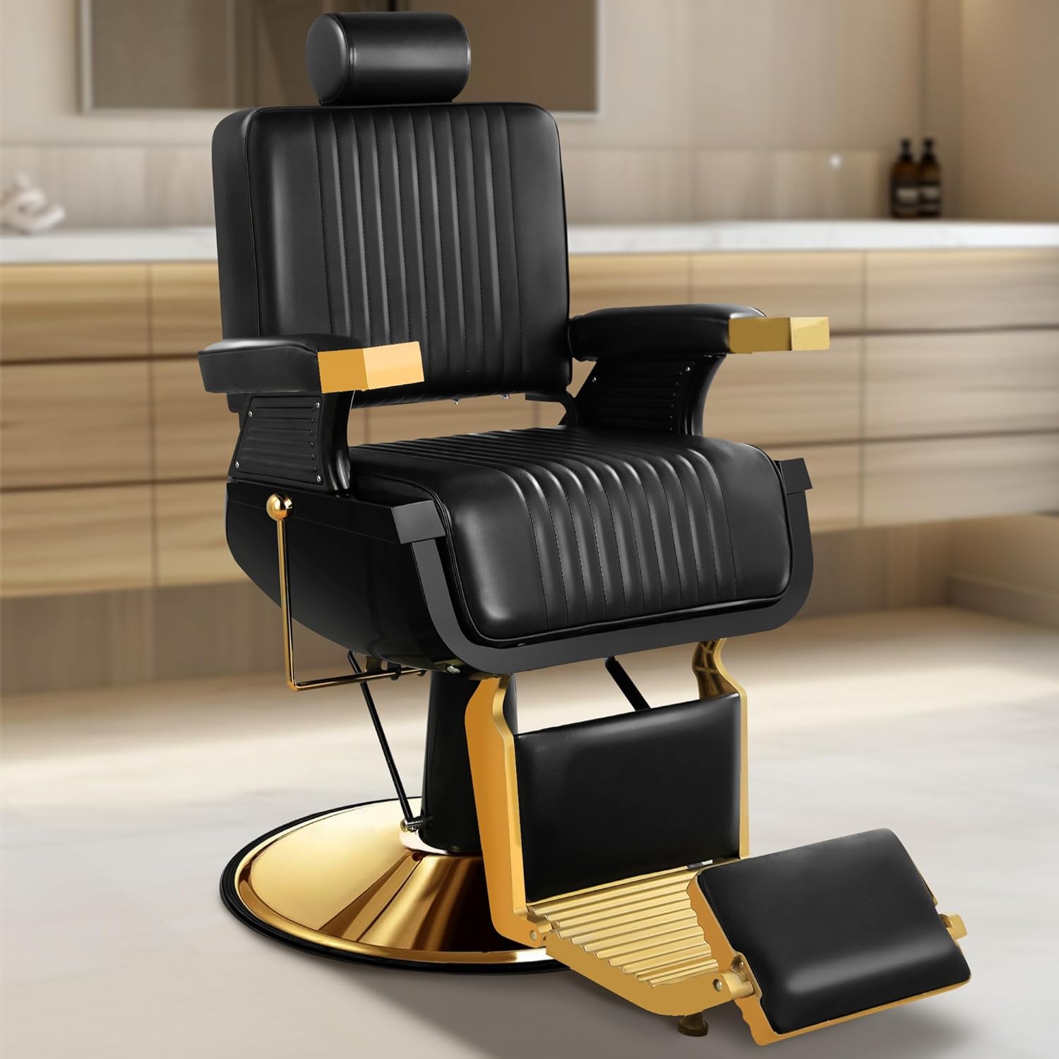 Heavy Duty Barber Chairs for Barbershop, Vintage Reclining Barbershop Chair, 360° Swivel Professional All Purpose Salon Hair Stylist Beauty Spa Shampoo Home Equipment with Removable Headrest, Black