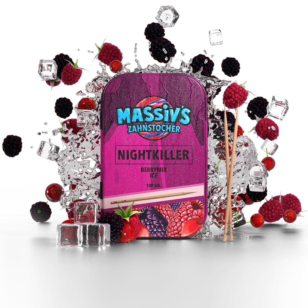 Massiv’s NIGHTKILLER Berry Mix Ice Flavoured Toothpicks – 100 Pieces in Metal Tin – Fresh Breath Oral Care – Sugar Free Vegan Birch Wood Toothpicks – Gum Alternative