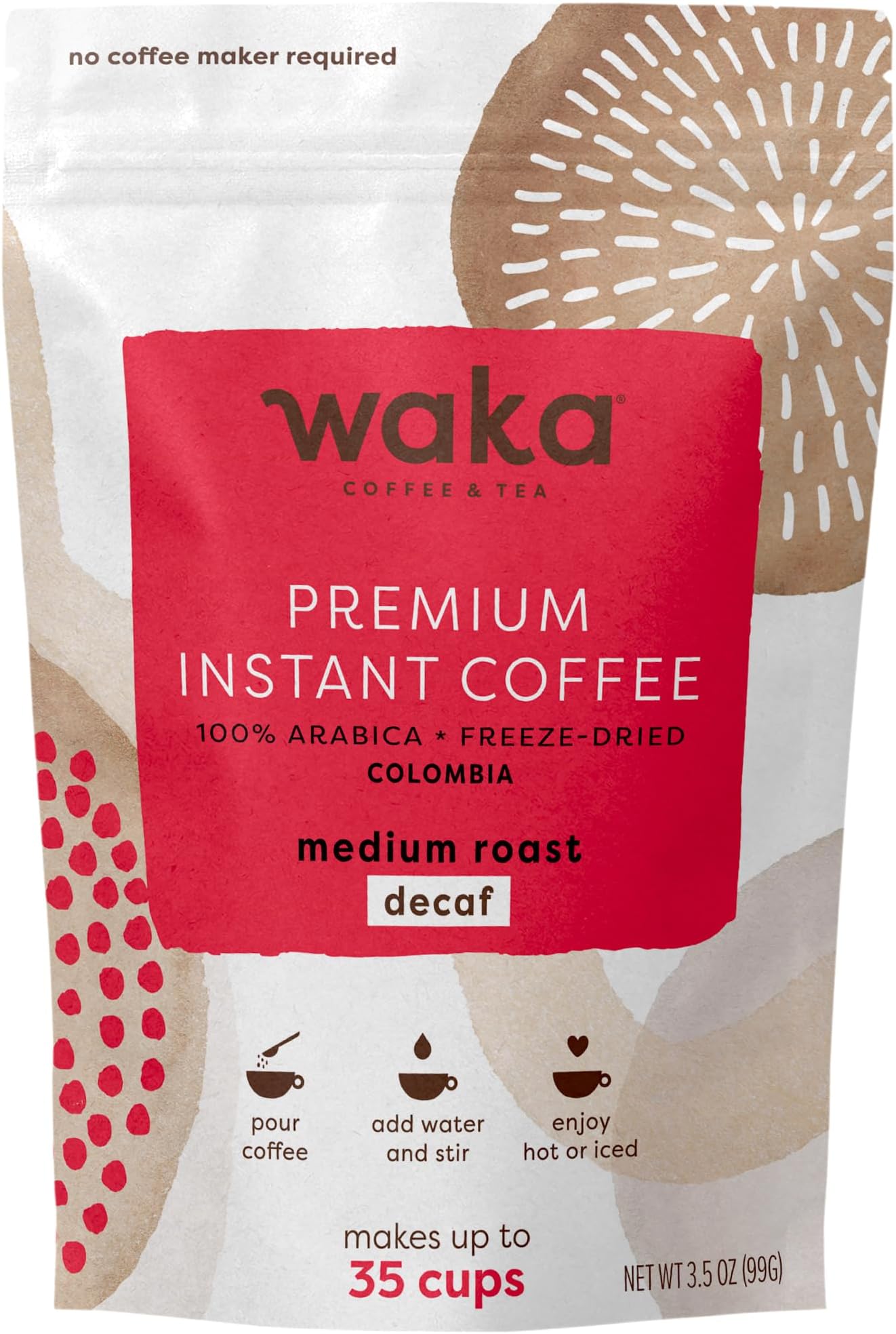 Waka Quality Instant Coffee, Decaf Medium Roast 100% Arabica, 35 Servings