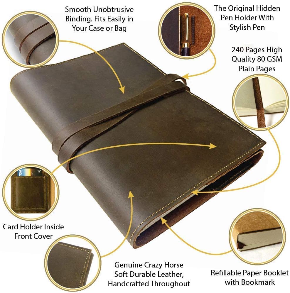 Refillable Leather Journal Plain Brown Notebook Handmade Travel Diary 9x7" + Extra Plain Paper Refill Notebook | Each A5 Booklet Eco Friendly Acid-Free Recycled 240 Soft Pages 8.25 x 5.75”