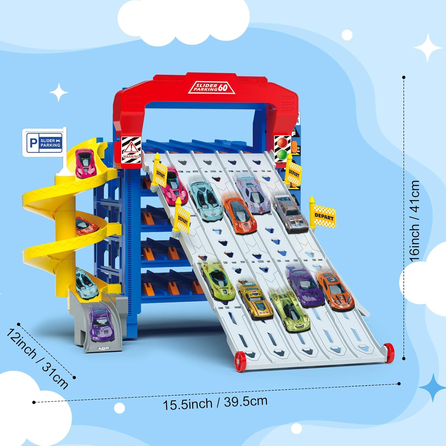 Diagram showing the dimensions of the VATOS Sliding Track Truck Car Parking Toy.
