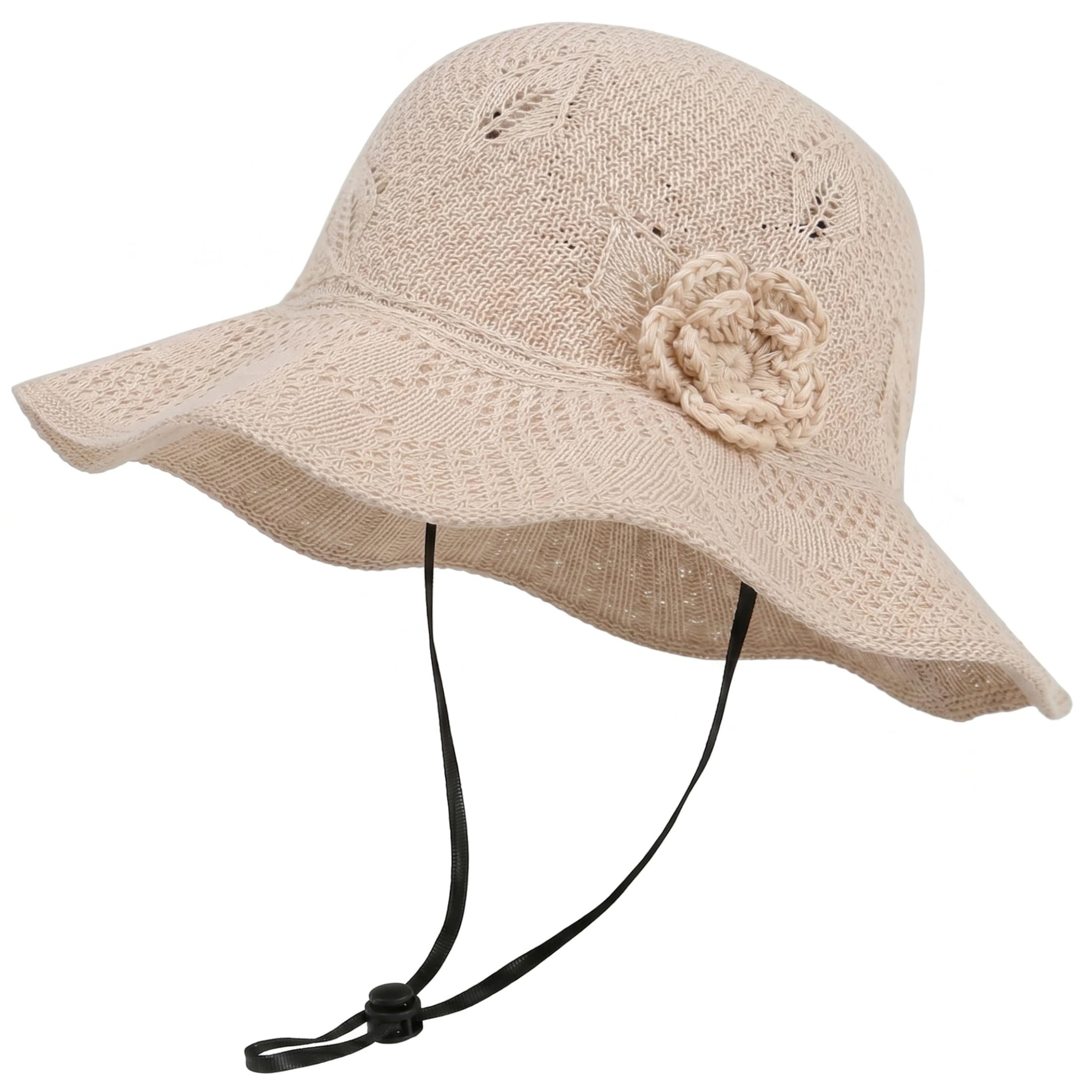 Syutokul Woven Bucket Hat, Breathable Hollow-Knit Sun Hat with Wave Brim & Flower, Packable Womens Straw Hats for Summer, Beige, 56-58cm