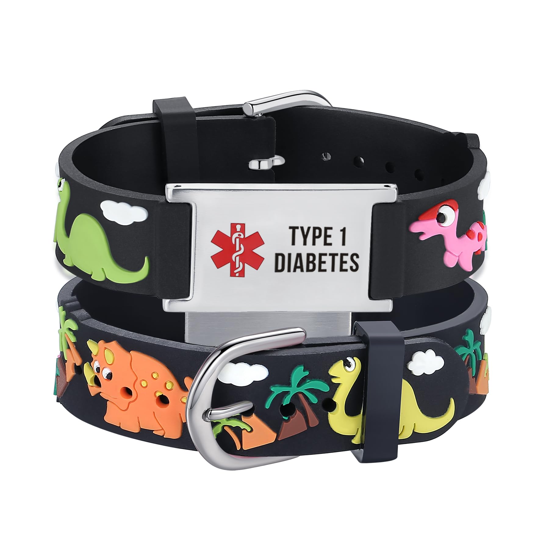 LinnaLove Medical Alert ID Bracelet – Custom or Pre-Engraved, QR Code Available,Blue Dinosaur Band
