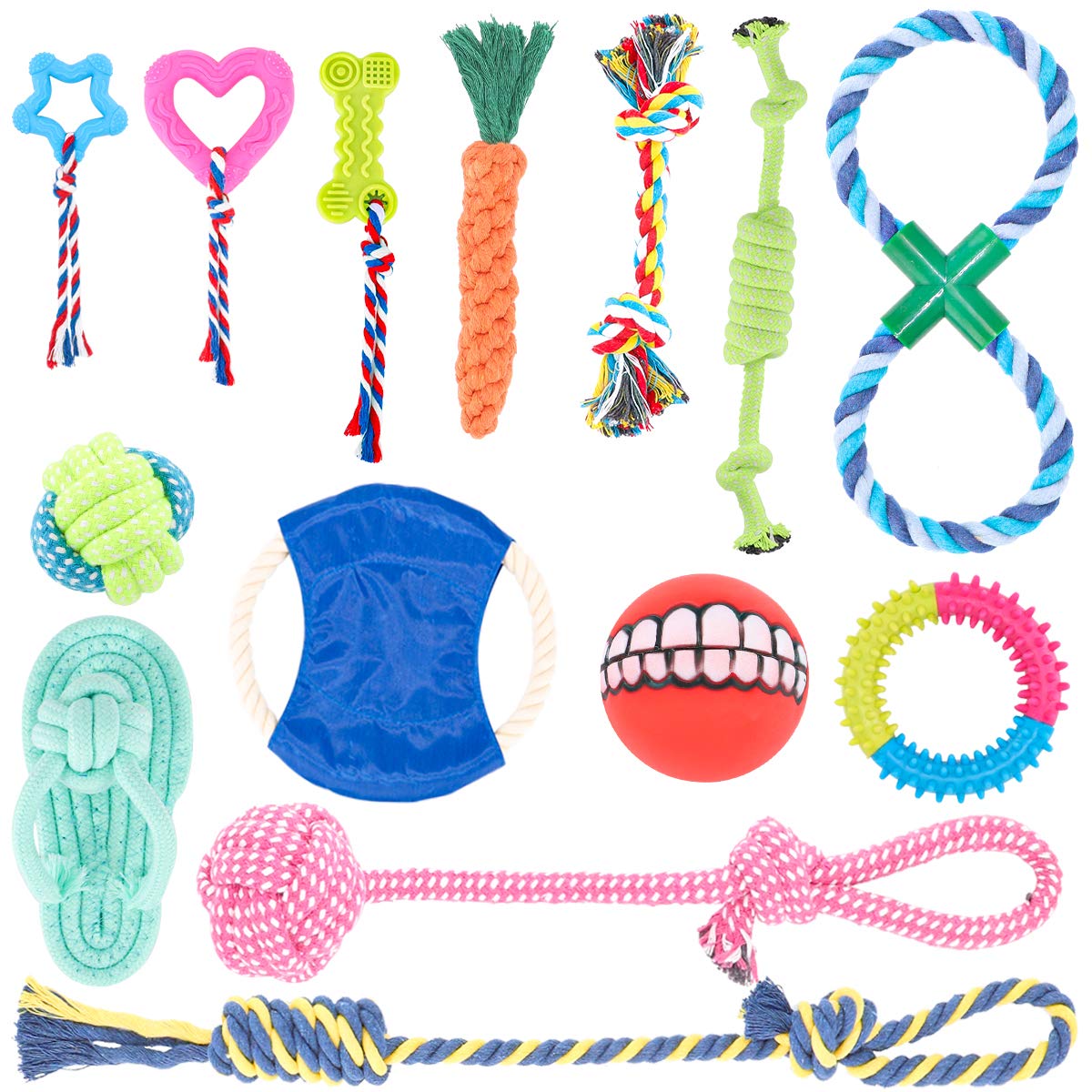 Dog Chew Toys for Puppy Teething, 14 Pack Dog Rope Toys Ball Squeak Toys and Dog Flying Disc Tug of War Knot Toys Rubber Dog Chewer for Puppy Small Dogs