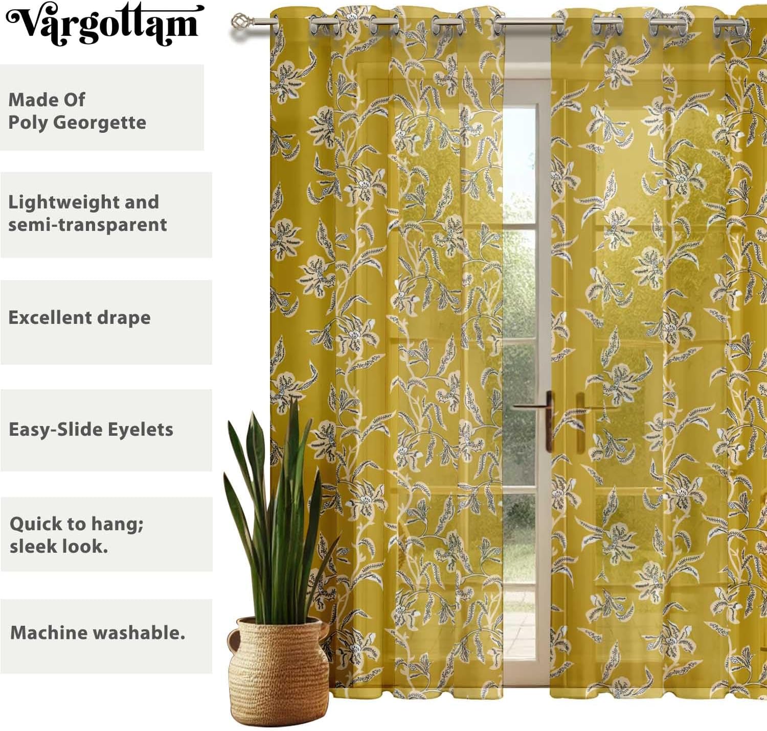 Yellow Floral Design Sheer Curtains for Short Windows - Set of 2 Panels, 63", Grommet Top, Printed Georgette, Light Filtering Drapes for Kitchen or Bedroom