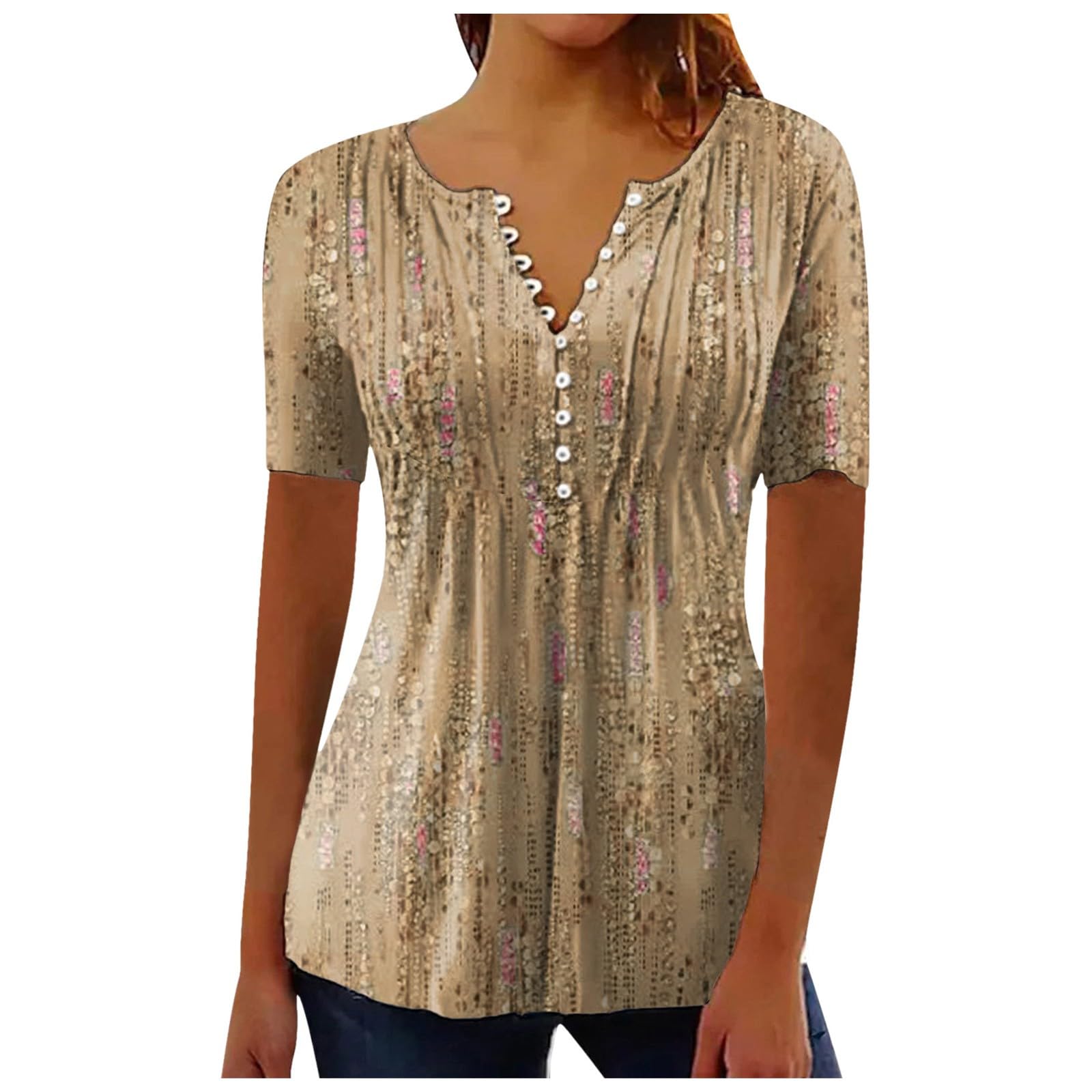 Generic Camisa De Mujer Elegante con Cuello en V túnica Tops Botones Blusa Manga Corta Verano Tops Camisetas Rojas Mujer Manga Larga