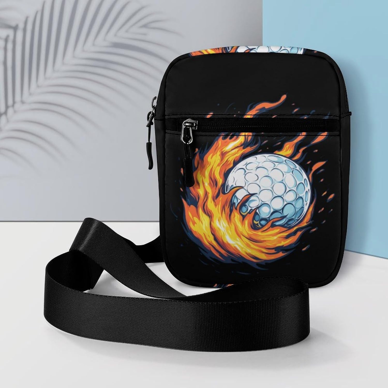 Golf Ball with Flames Small Crossbody Bag Sling Shoulder Satchel | for women men,work travel workout,detachable and adjustable shoulder strap