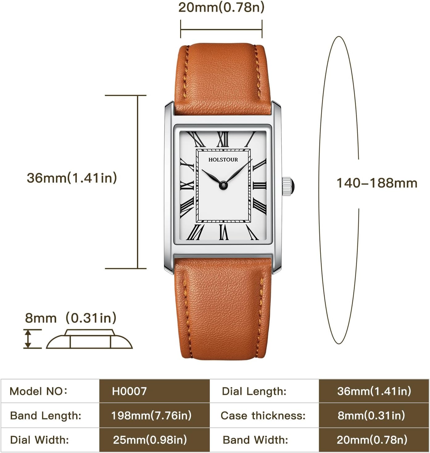 HOLSTOUR Watches for Men Business Simple Model Rectangle Roman Numerals Case Water Resistant with Leather Strap