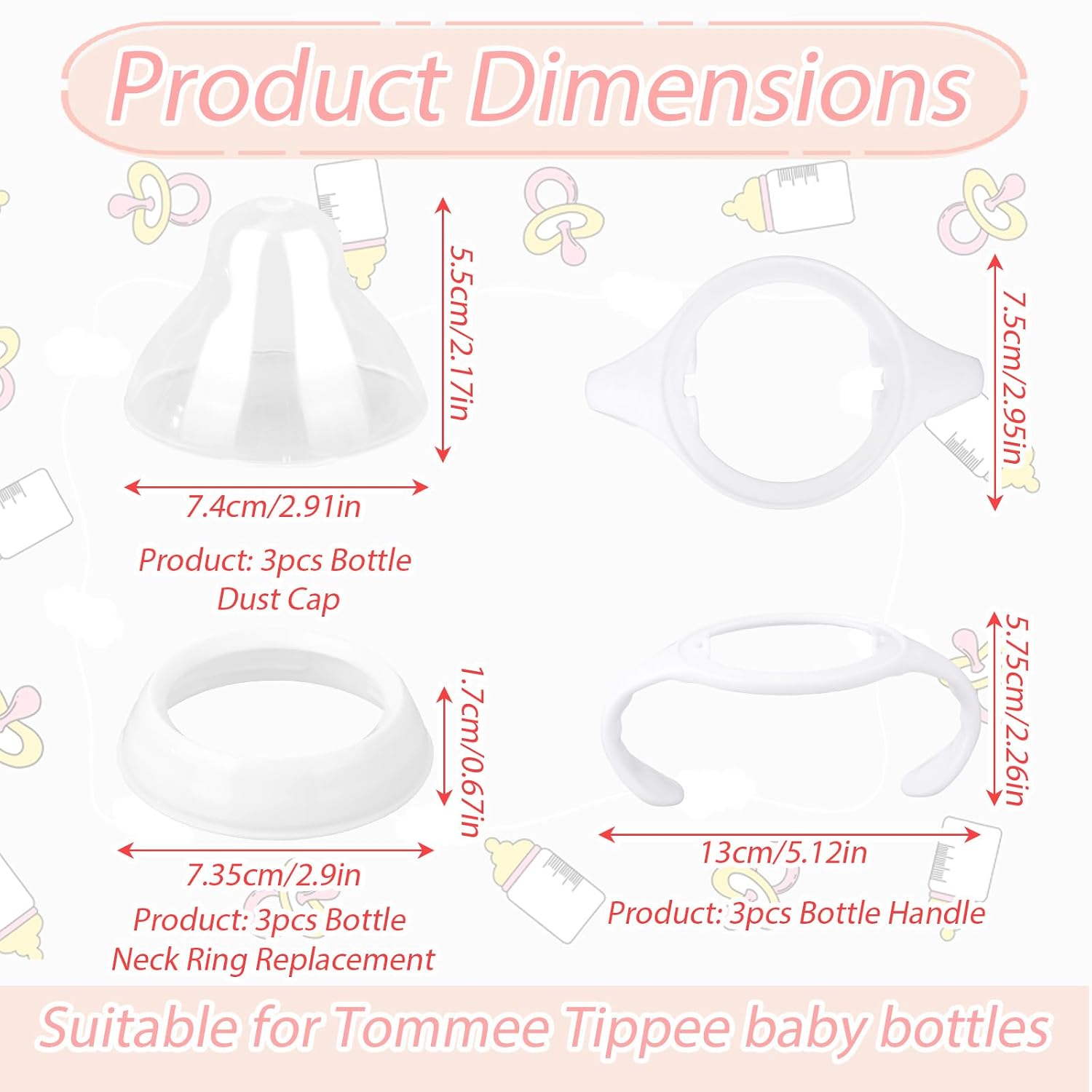 Baby Bottle Teats Accessories Compatible with Tommee Tippee, Including 3pcs Nipple Rings 3pcs Baby Bottle Caps & 3 Handles BPA-Free & Leakproof Parts for Tommee Tippee
