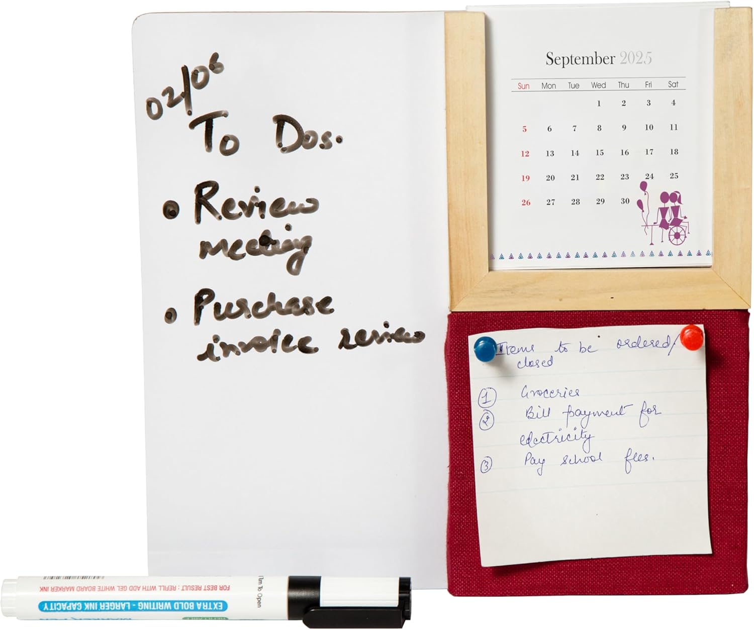 IVEI Warli Desk Calendar with Whiteboard, Pin Board & Pen Holder - Table Top Calendar Set - All-in-one Calendar Desk Organizer - Innovative gift for Office Desk Decor, School, Home - Wine