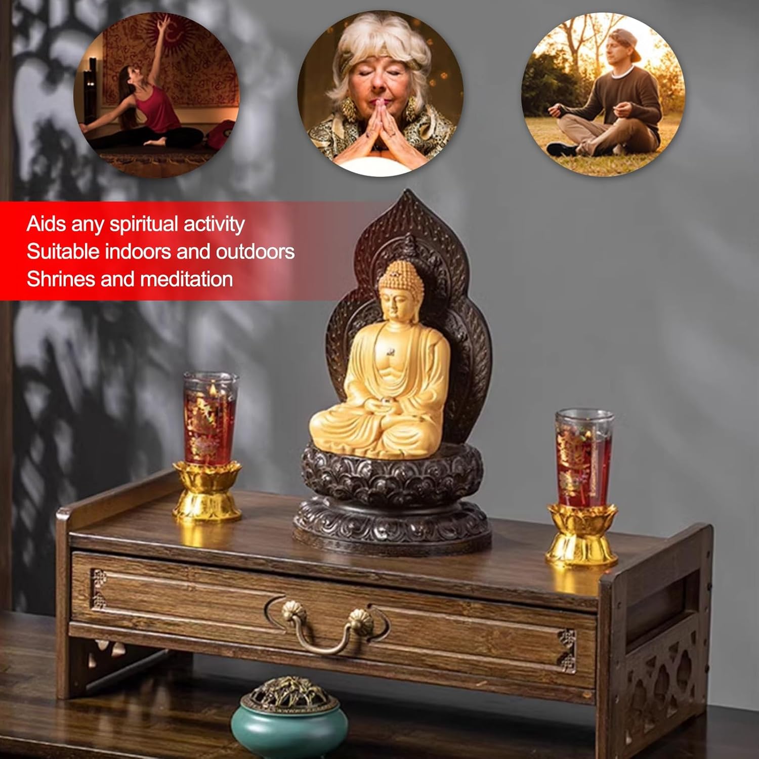 HARELA Meditation Altar Table with Storage, Small Meditation Table, Natural Bamboo Puja Table with Drawer, Buddhist Prayer for Small Spaces(Light Brown,42cm/16.5in)