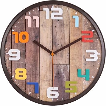 Topkey 12 inch Vintage Silent Wall Clock with Large Colorful 3D Numerals, Non-Ticking Decorative Round Clock for School, Office, Living Room, Bedroom,Kitchen, Brown Wood Grain Battery Operated