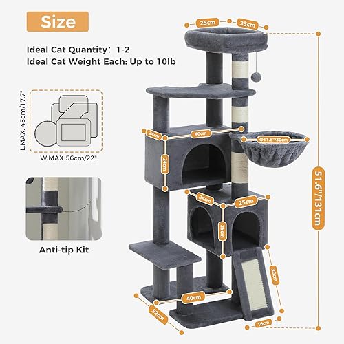 Miniatura 9 de PAWZ Road Árbol para gatos, torre para gatos de 60 pulgadas con condominios dobles, perca espaciosa, cesta acogedora y postes rascadores cubiertos
