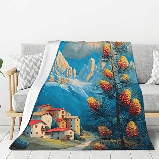 Flannel Blanket Snow-Capped Peaks with Rustic Cabins,Classic Oil Painting,Lightweight for Easy Carry,Suitable for Bedroom,Office Break,Or Camping,Thoughtful Present for Sensitive Skin 80"X60"