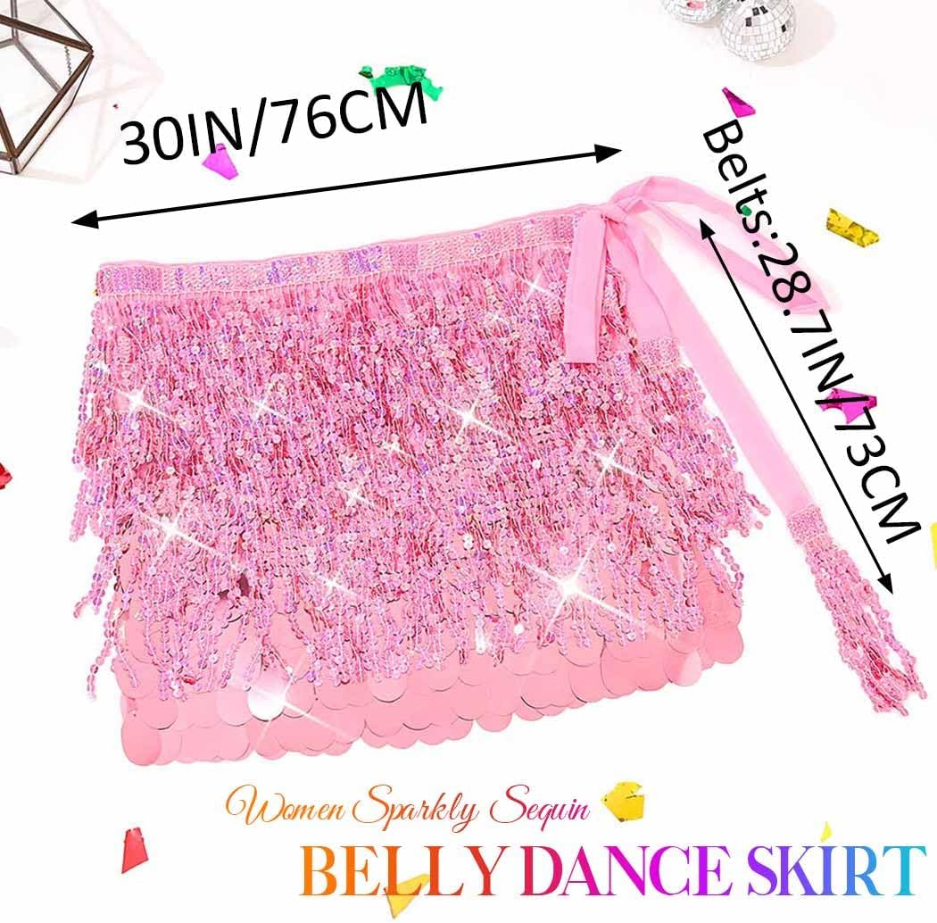 Carnival Pink Sequin Skirt Fringe Sparkly Belly Dance Skirt Mermaid Costume Skirts for Women