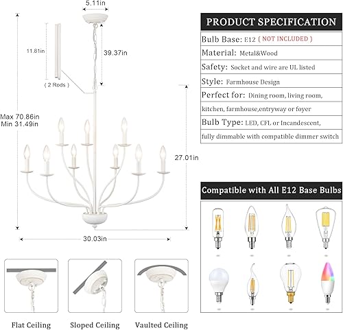 Miniatura 5 de Candelabros de 9 luces blancas para comedor Candelabros de 30 pulgadas para vestíbulo de techos altos Candelabros de velas Iluminación de accesorios