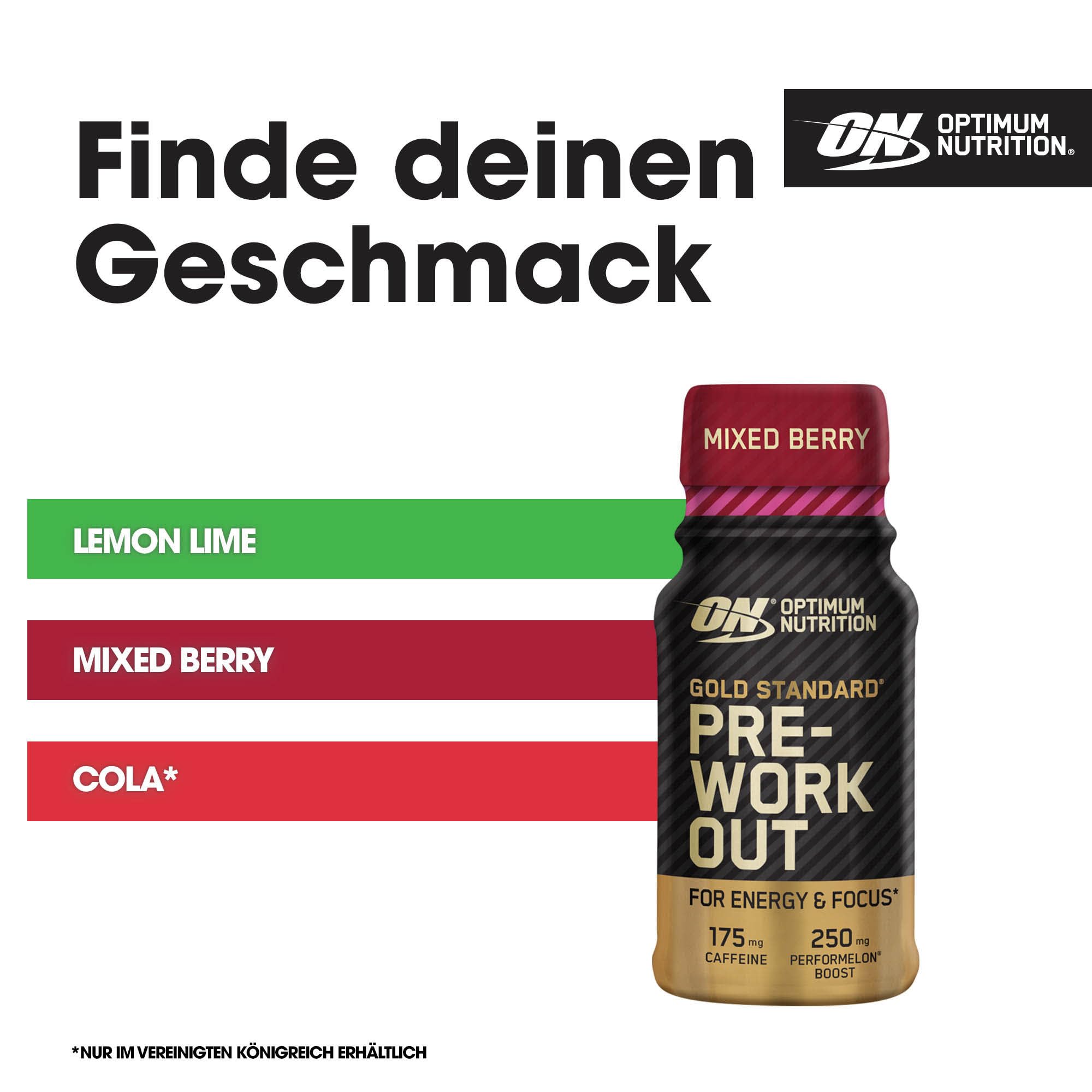 Optimum Nutrition Gold Standard Pre-Workout Energy Shot, trinkfertig mit Beta Alanin, Koffein, PerforMelon Boost und Vitamin B6 und B12, Beeren-Mix-Geschmack, 12er-Pack, 12 x 60 ml
